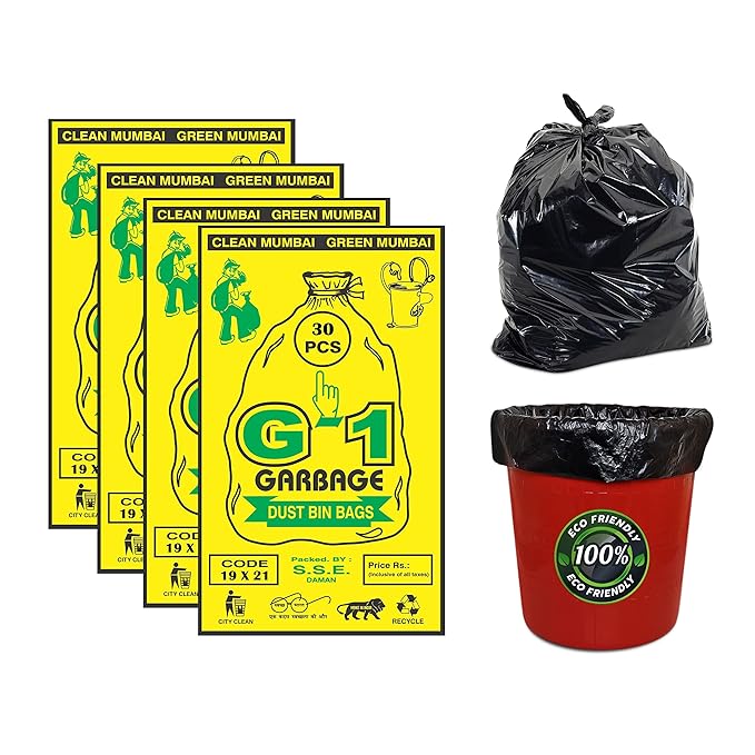 G 1 Disposable Garbage/Dustbin Bags | Medium Size | Pack of 4 | 30 Bags/Pack | Black Color | 19X21 Inches at Rs. 225