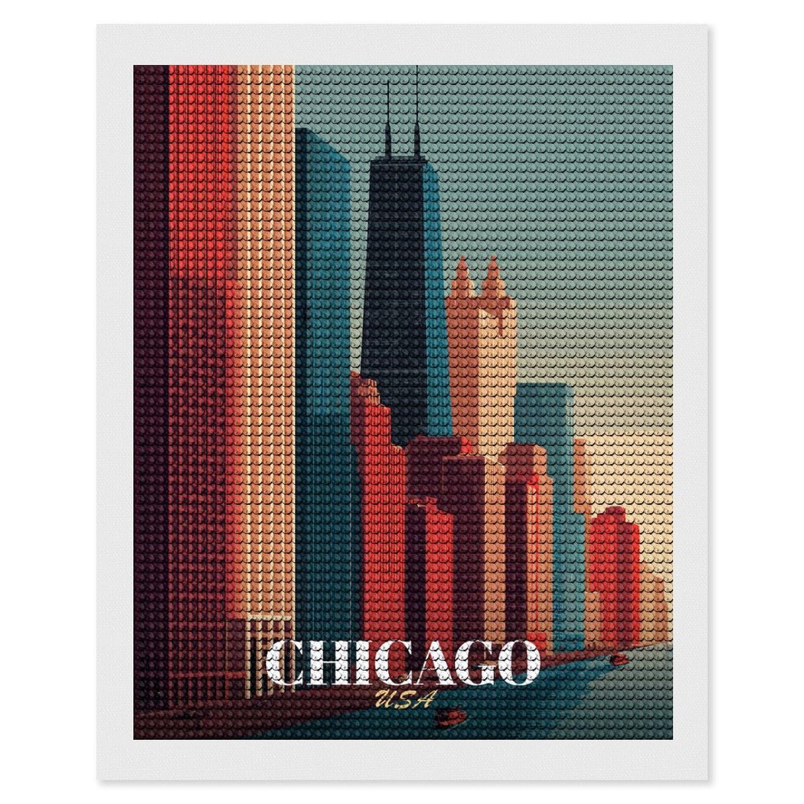 Junmoney Chicago Skyline Art Deco Style Diamond Painting Canvas Set 16"x20", Boho Decor, for Craft Lovers, Easy Handmade Project, Holiday Gift Idea