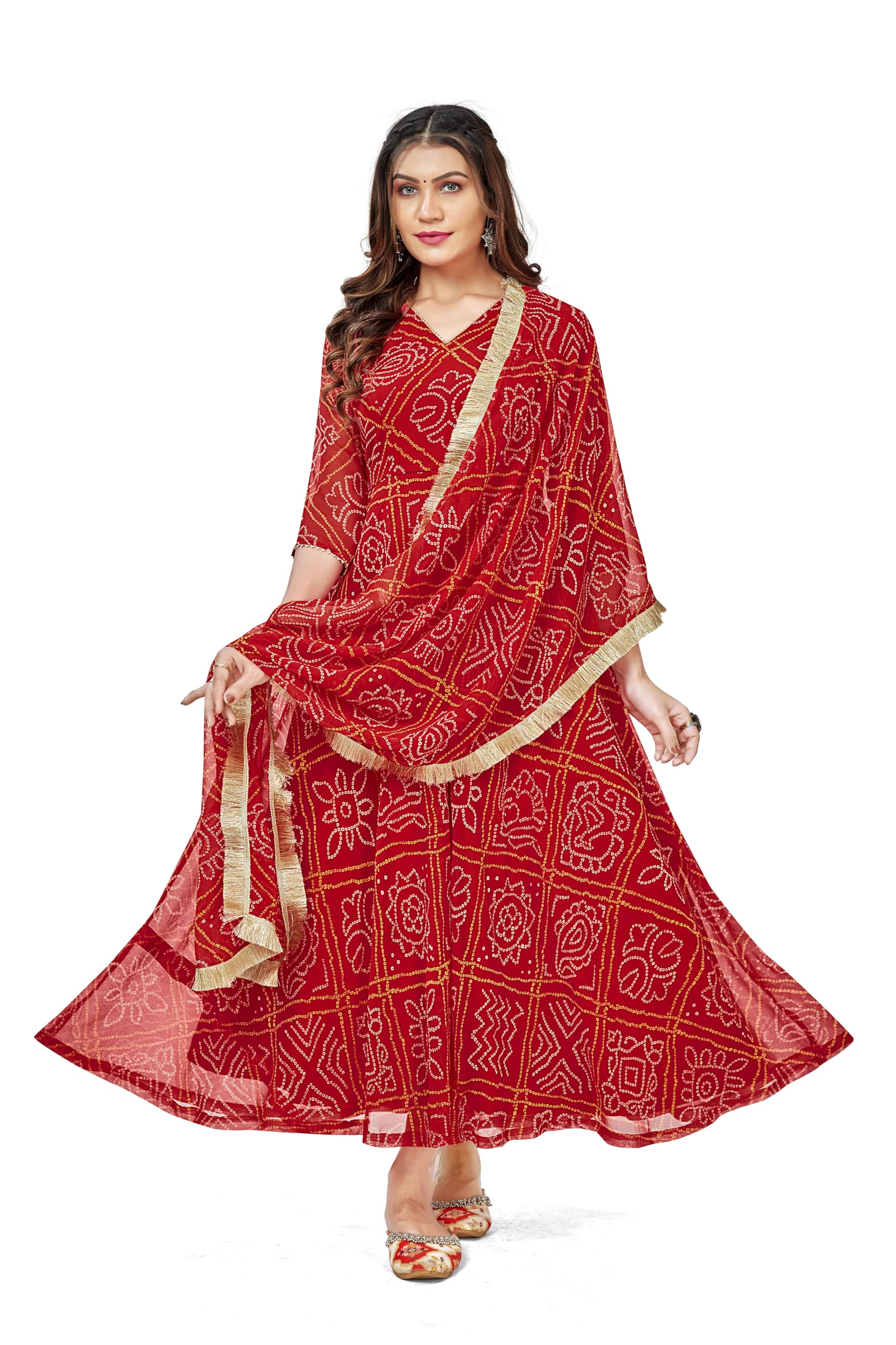 VIHARA THREADSWomen's Bandhani Print Anarkali Kurta with Matching Dupatta, Ethnic Indian Wear