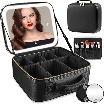 Travel Makeup Bag with Large Light up Mirror, 3 Colors Modes Dimming LED Lighted Cosmetic Organizer Bag Make up Case Waterproof PU Leather Travel Train Case Toiletry Gift Accessories