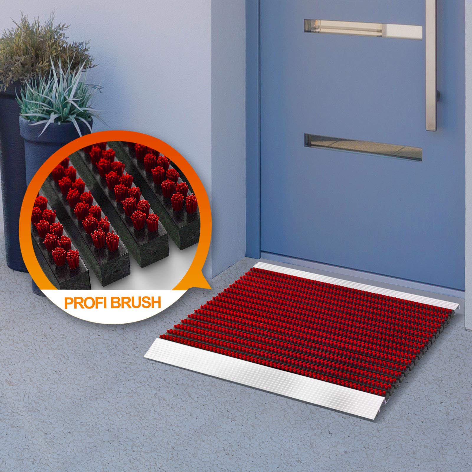 Floordirekt Hochleistungsmatte Profi Brush | Fußabtreter aus Aluminium | robuste Nylonbürsten | Witterungs- und UV-beständig | Fußmatte erhältlich in 8 Bürsten-Farben (40 x 60 cm, Rot)