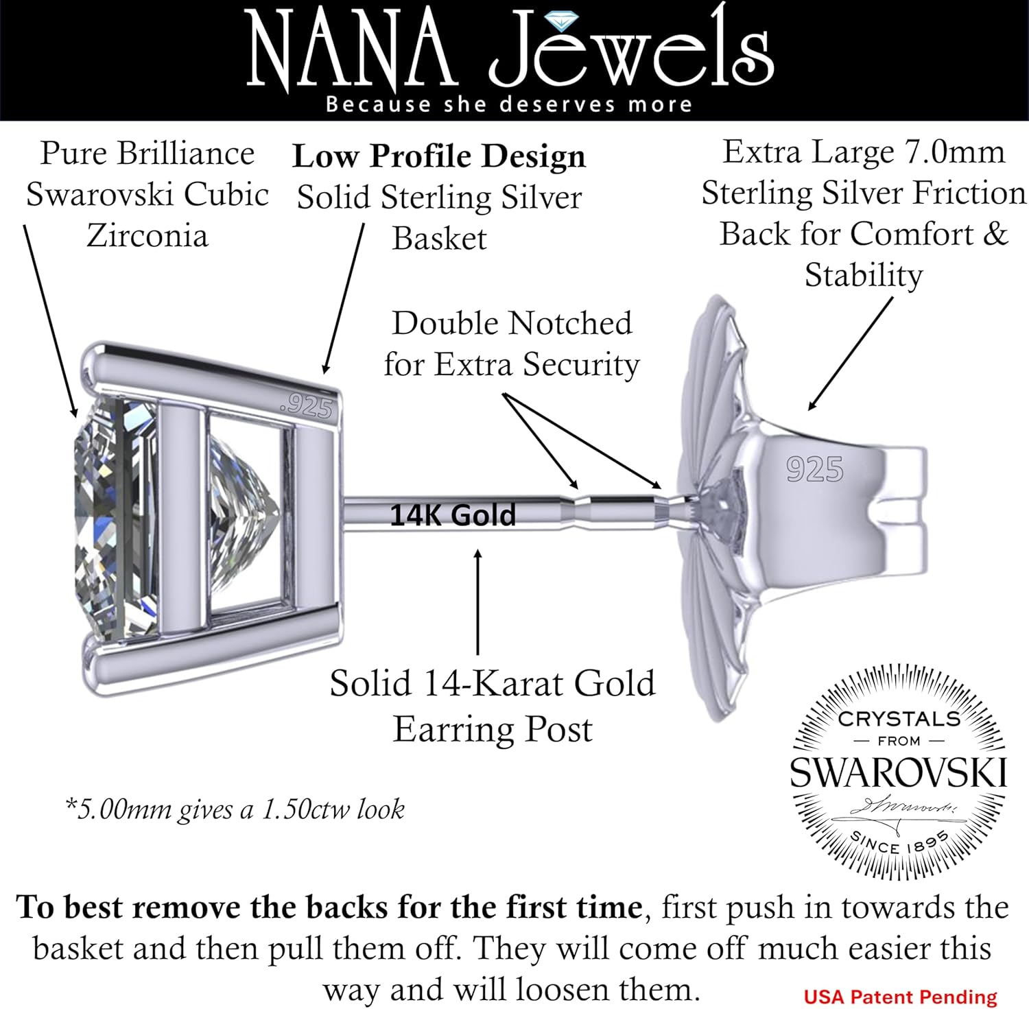 14K Gold Posts & Sterling Silver Princess Cut CZ Stud Earrings Made with Swarovski Zirconia, 1.50-4.00ctw - Image 2