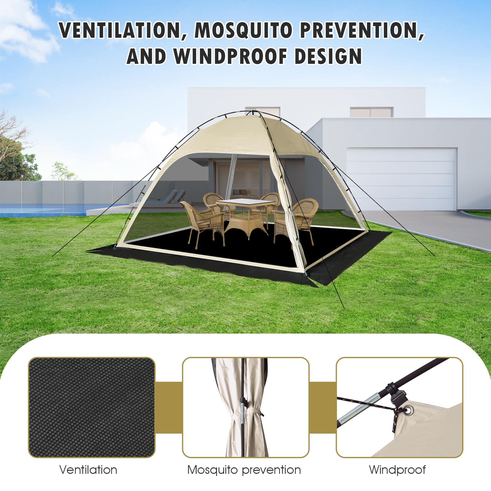 Screen Tent with Removable Floor, Siebwin Large 10'x10' Gazebos with Mosquito Netting and Removable Floor Sunproof Outdoor Canopy Tent for Backyard Party Outside Activities 1-Person Setup