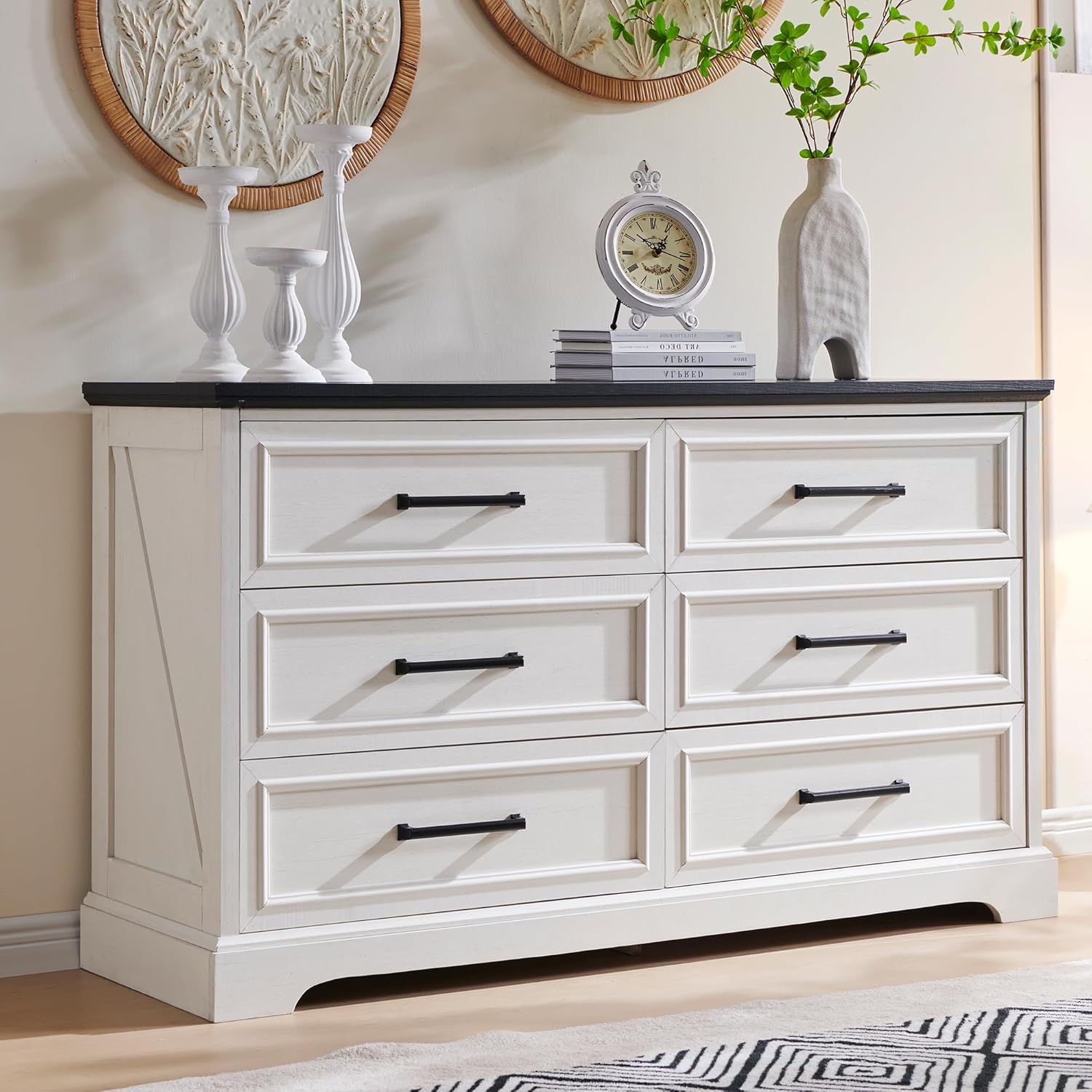 JXQTLINGMU Farmhouse 6 Drawers Dresser for Bedroom, 52'' Wide Large Wood Dressers with Bar Handles, Chests of Drawers with Storage Dressers Organizer for Bedroom, Hallway, Off White