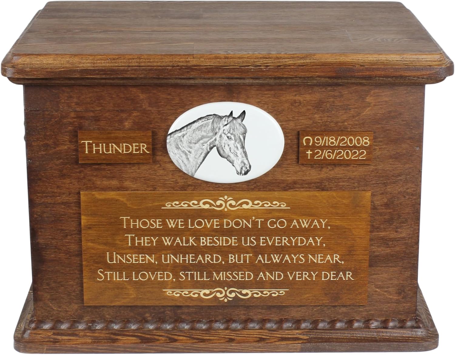 Art-Dog Big Urn for Horse Ashes - Handmade Memorial with Photo - Personalized Custom Horse Urn with Brass Handles and Ceramic Plaque - 15.7x11.8x11” – Bay Horse