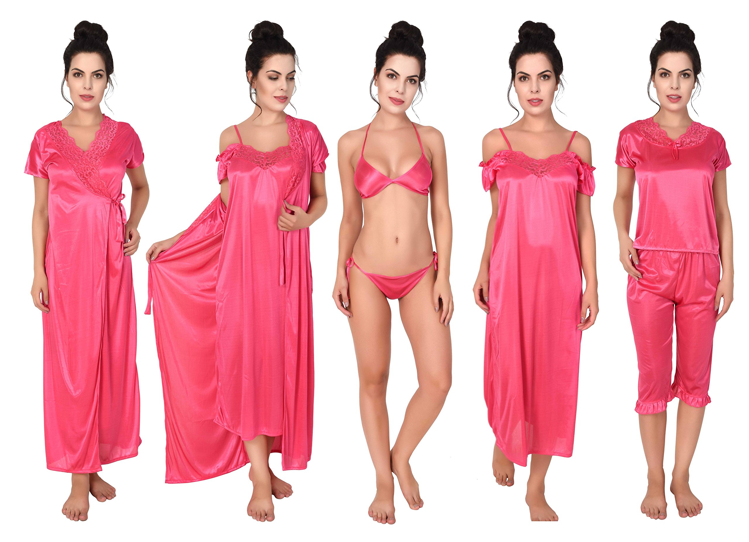 keoti Women's Satin Plain/Solid Nightwear Set Pack of 6-picture-36