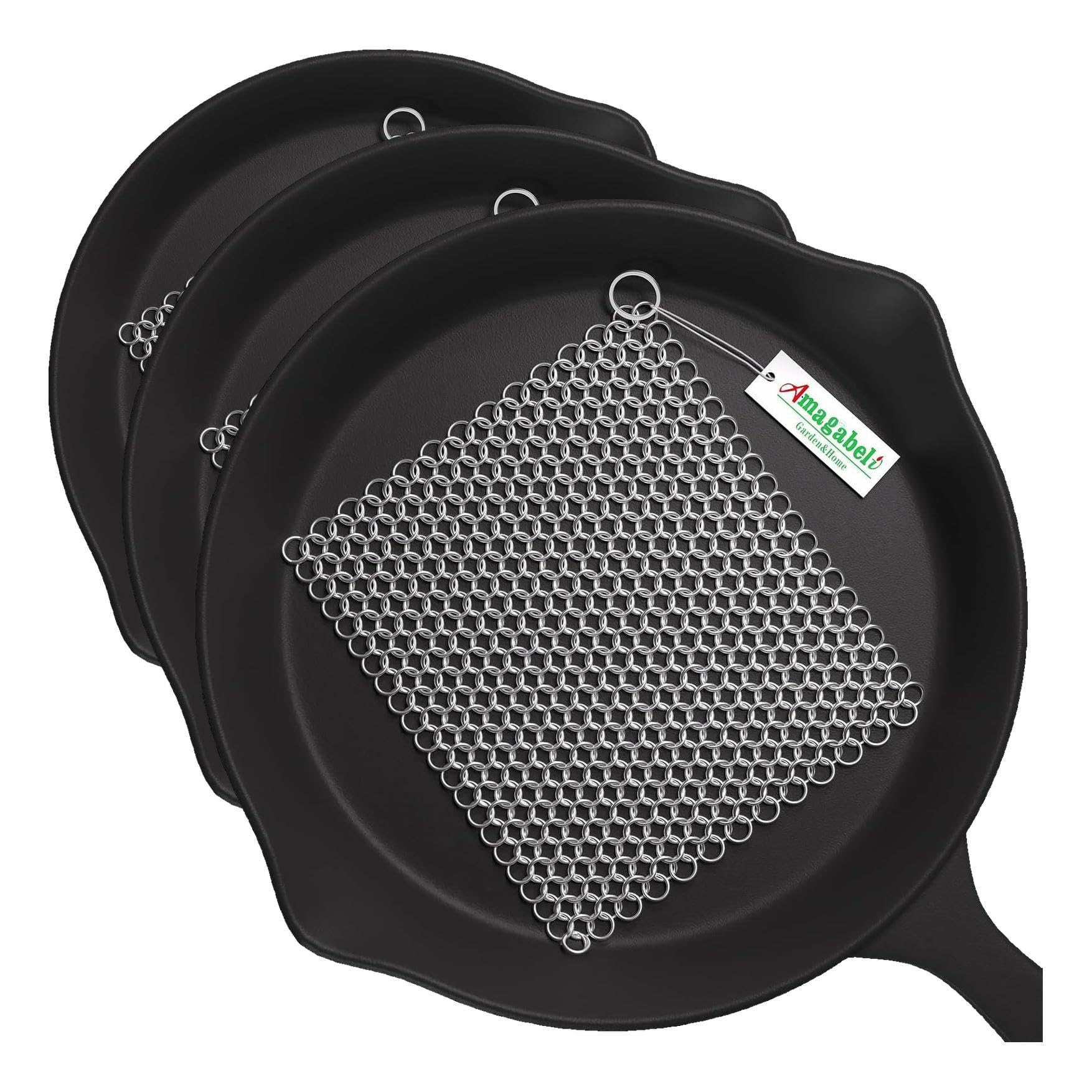 Amagabeli Cast Iron Cleaner 8"x6" Premium Stainless Steel Chainmail Scrubber Cast Iron Skillet Cleaner for Pan Pot Wok Griddles BBQ Grills Cast Iron Cleaning (Pack of 3)
