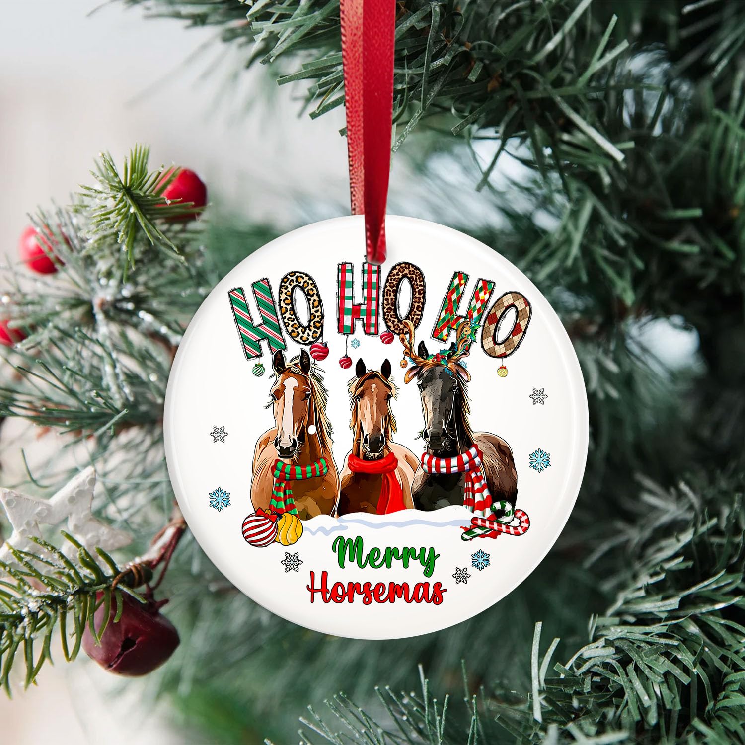 Wild Horse Ceramic Christmas Ornament - Vintage Double-Sided 3 Inch Round Tree Decoration