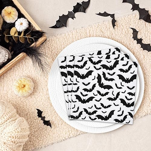 Miniatura 5 de Paquete de 80 servilletas de papel de Halloween de 6.5 x 6.5 pulgadas, servilletas de papel desechables de murciélago negro, servilletas de mano