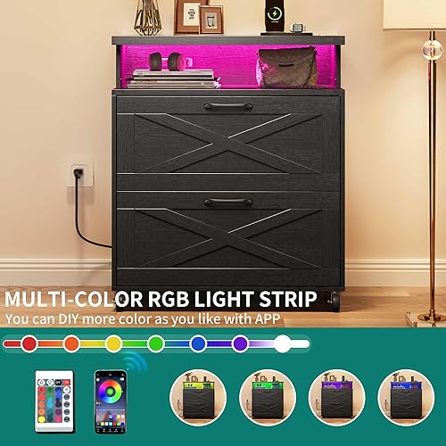 Miniatura 6 de YITAHOME Archivador de madera con estación de carga, archivador lateral grande con luz LED, soporte de impresora de mesita de noche de granja para