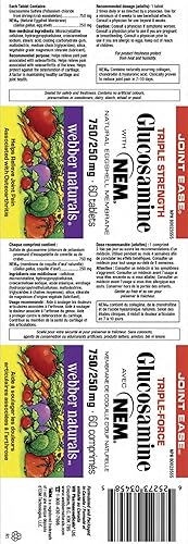 Miniatura 2 de Webber Naturals Glucosamina de triple fuerza con membrana de cáscara de huevo natural NEM, 750250 mg, 60 comprimidos