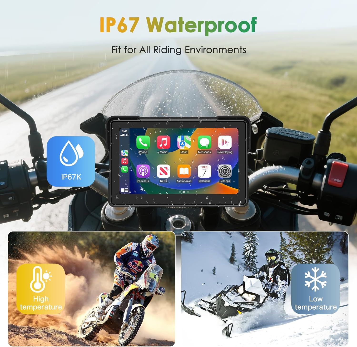 Motorcycle rider enjoying music via Bluetooth helmet connected to CarPlay screen