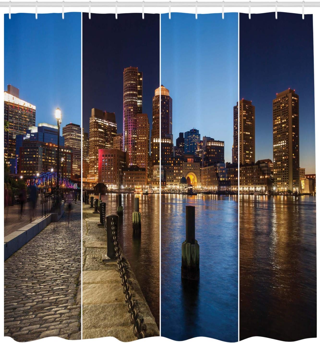 Ambesonne American Shower Curtain, Boston Skyline Day and Night Cityscape Skyscraper Reflection in Water Metropolis, Cloth Fabric Bathroom Decor Set with Hooks, 69" W x 70" L, Blue Orange