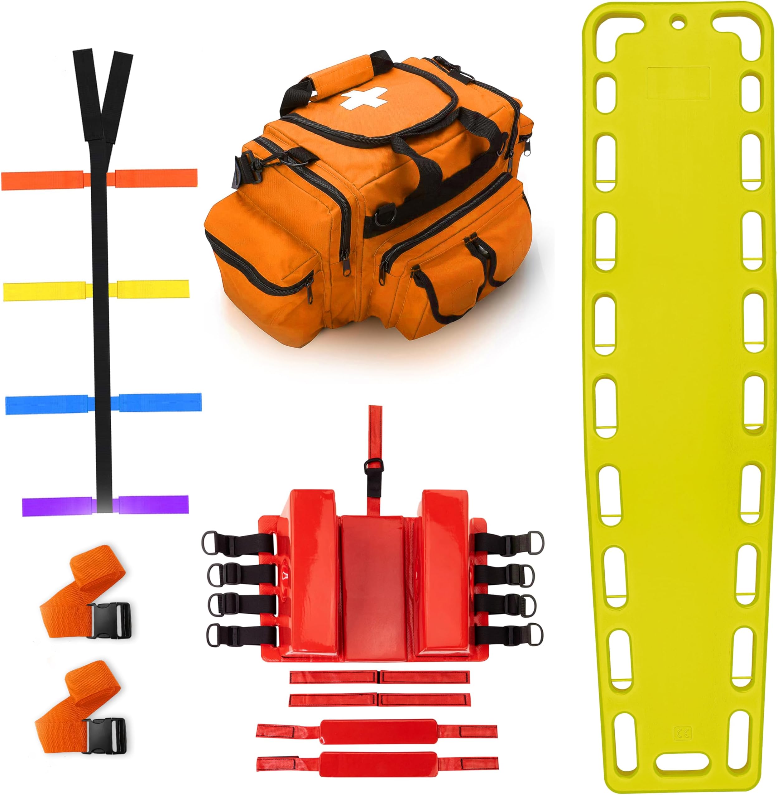 Rescue Kit Comprehensive Emergency Support with Spine Board, Head Immobilizer, Trauma Bag & 10-Point Strap - Durable, Lightweight for First Responders, Yellow