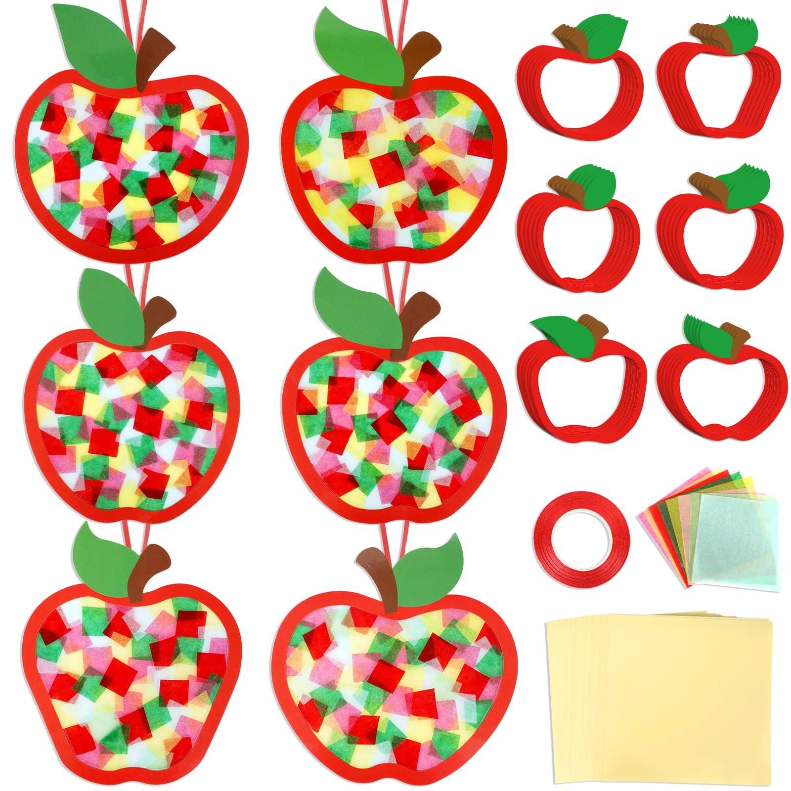 Qyeahkj 36 Set Fall Apple Suncatchers Crafts for Kids DIY Autumn Apple Window Tissue Paper Craft Kit Hanging Decor for Back to School Home Activity