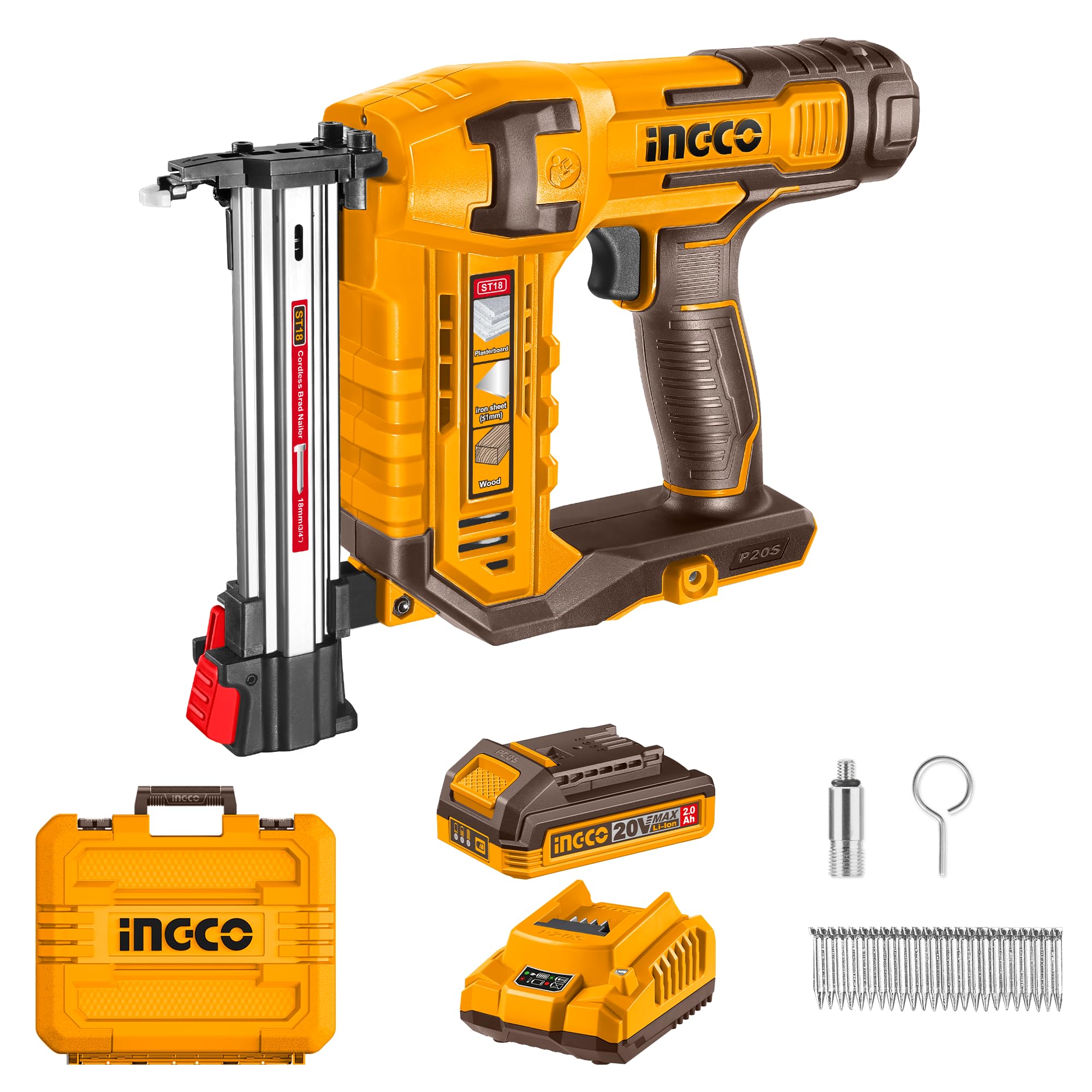 INGCO 20V Cordless Brad Nailer 2 Nails/s, Electric Nail Gun, 2 Nails/s, Depth Adjustment, LED Work Light with 1Pcs 2.0Ah Battery and 1Pcs Charger CSTLI3808