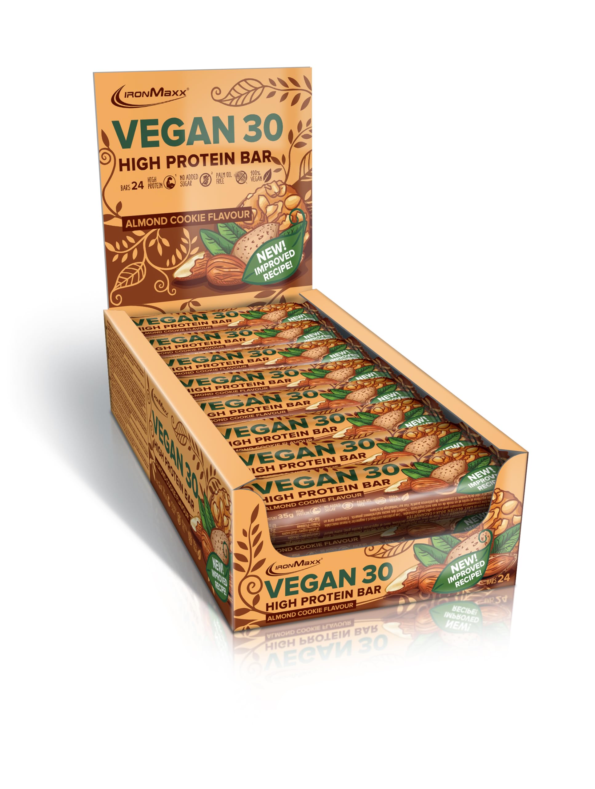 IronMaxx – Barre Protéinée – Vegan 30 Biscuit aux Amandes 24 x 35 g – Barre protéinée sans sucre, protein bar vegan, snack protéiné