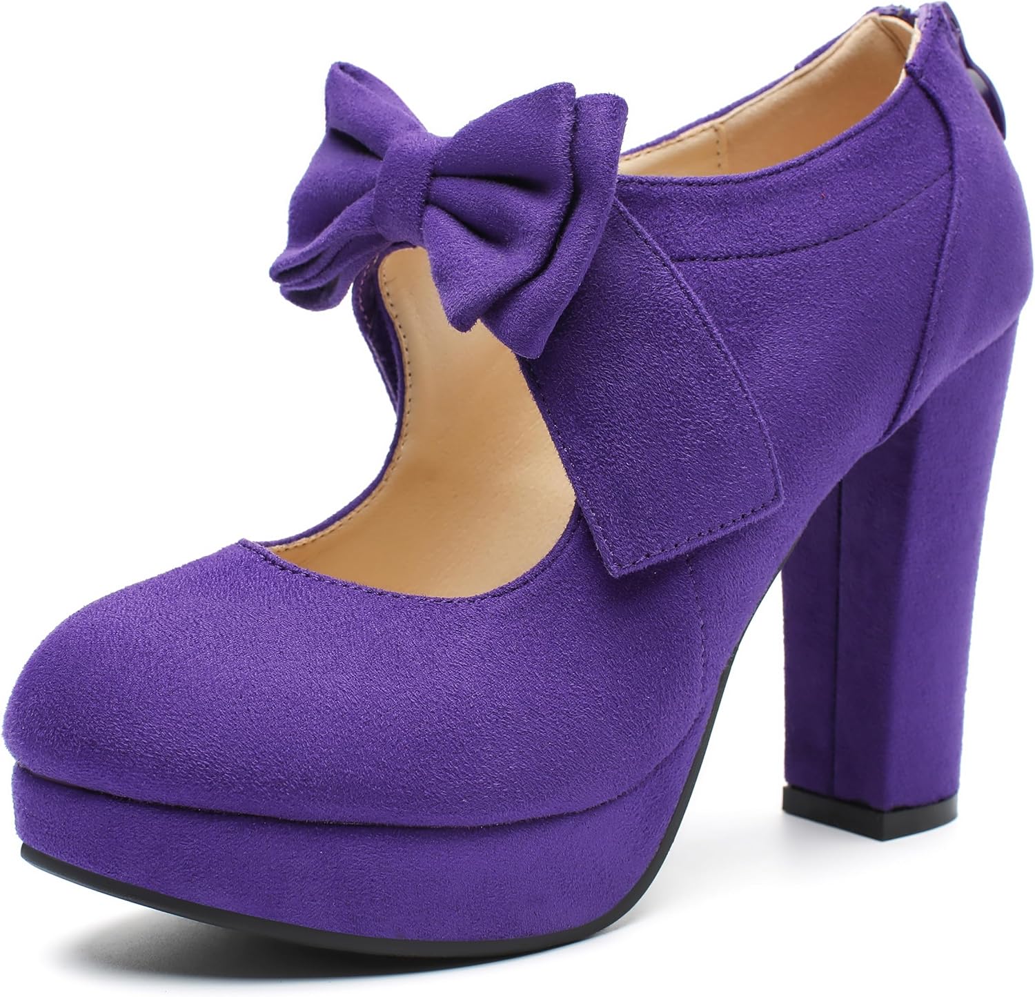 fereshte Women's Platform Mary Jane Pumps with Bow, High Block Heel, Closed Toe, Zip Closure