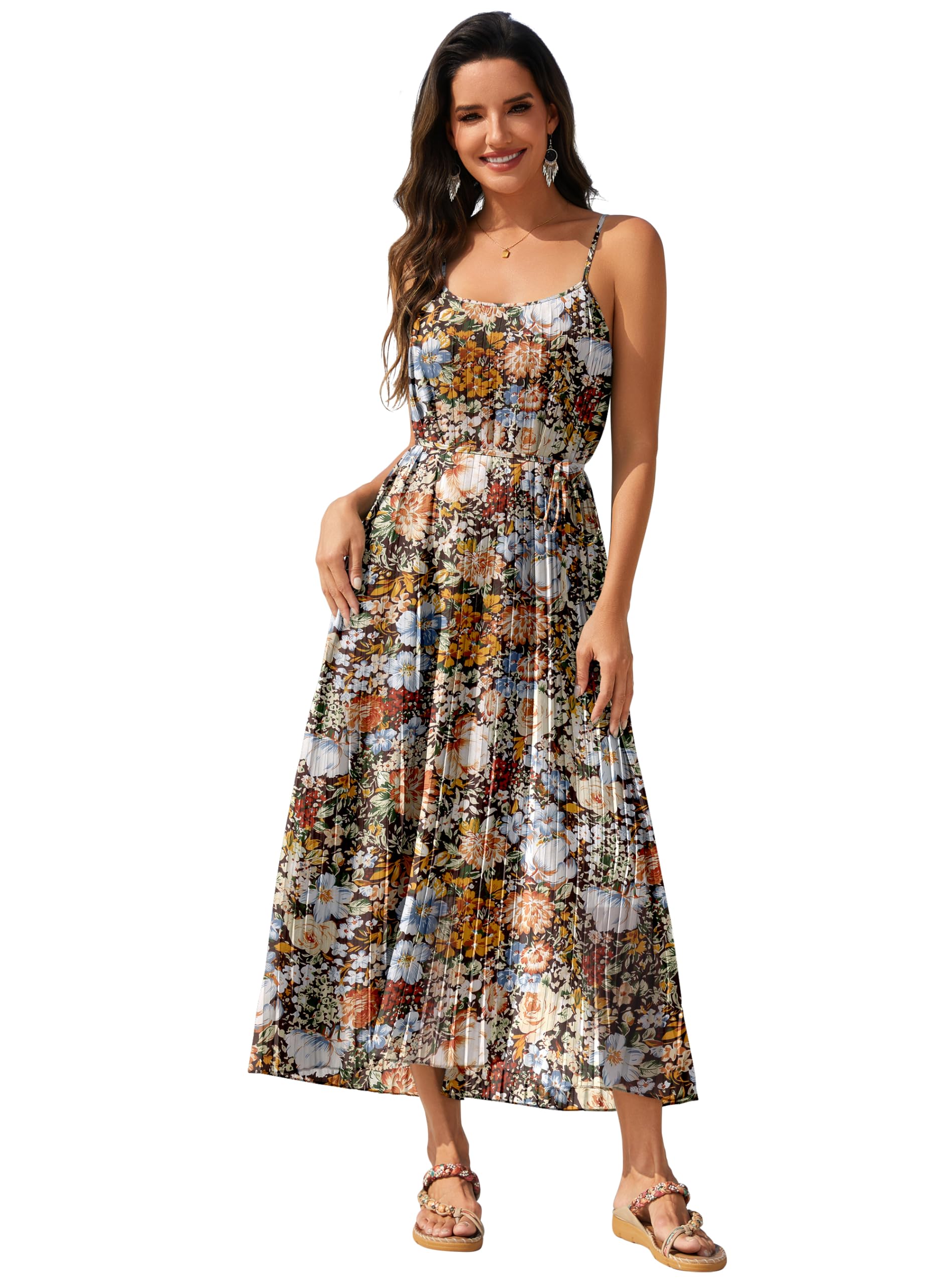 Women Pleated Dress Chiffon Spaghetti Strap Adjustable Floral Long Dress