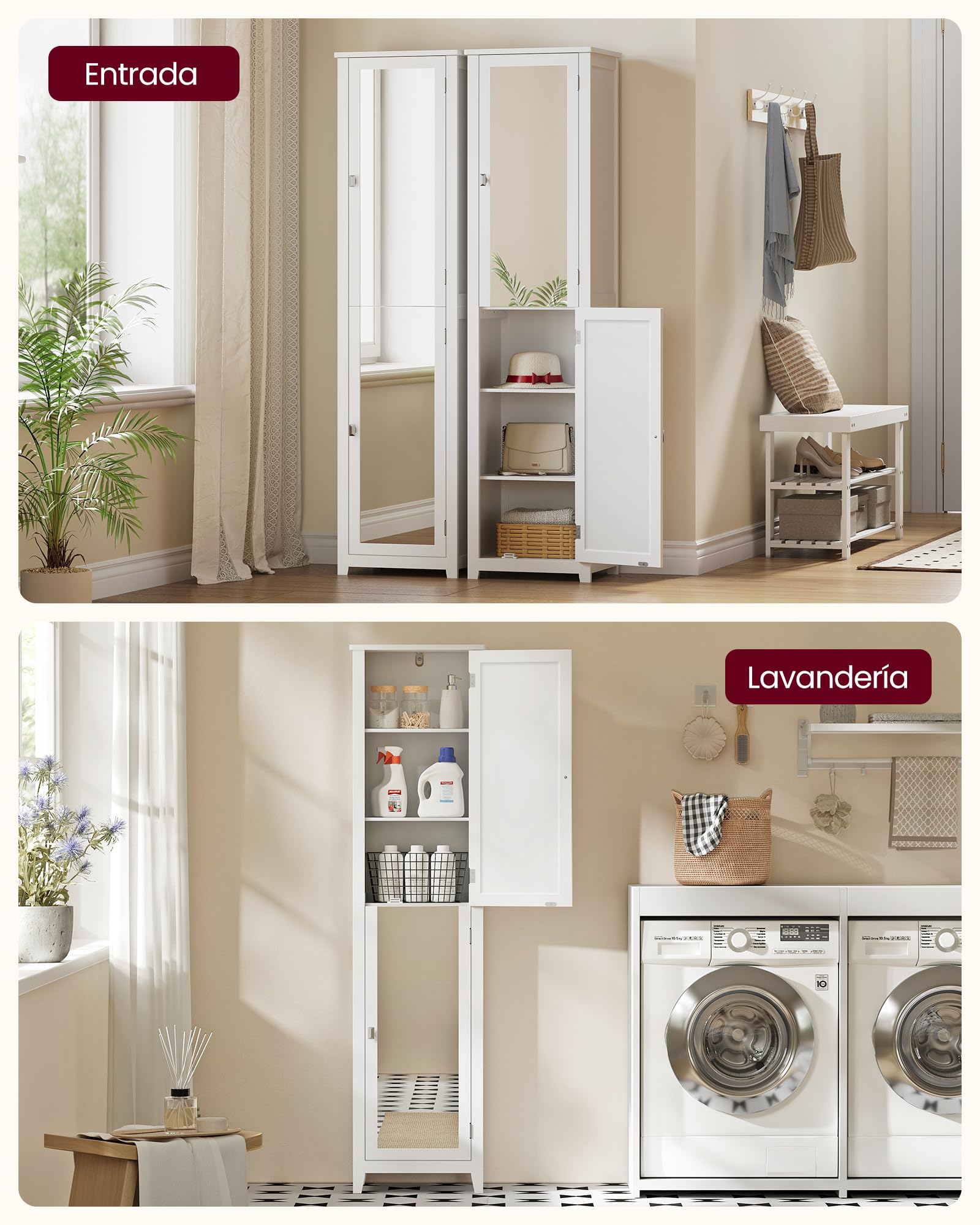 VASAGLE Armario Alto de Baño con Espejo de Cuerpo Completo, Mueble de Baño con Estantes Ajustables, 30 x 40 x 160 cm, para Espacio Pequeño, Salón, Pasillo, Blanco Nube BBC764WH01