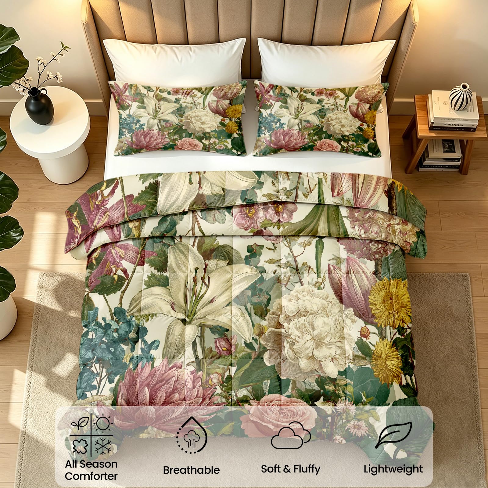 Bettdecke Ohne Bezug Vintage Blumen 3D Ganzjahresdecke 135x200 Tulpen Rose Wende Sommerdecke Waschbar Steppdecke Warme und Weiche Bettdecken mit 2 Kissenbezüge 80x80 cm Q-36