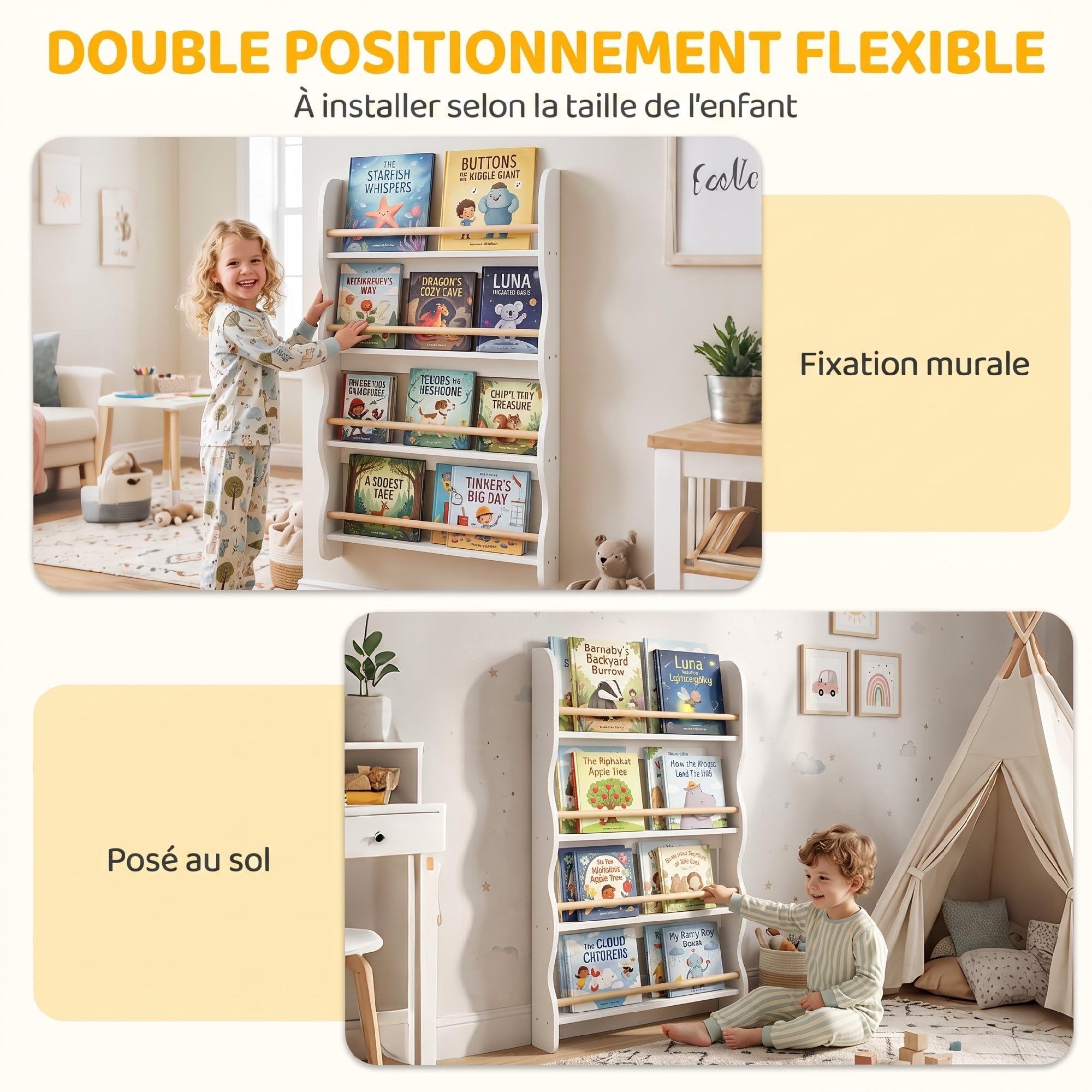 AIYAPLAY Bibliothèque Murale pour Enfant,Rangement Livre 4 Niveaux, Blanc