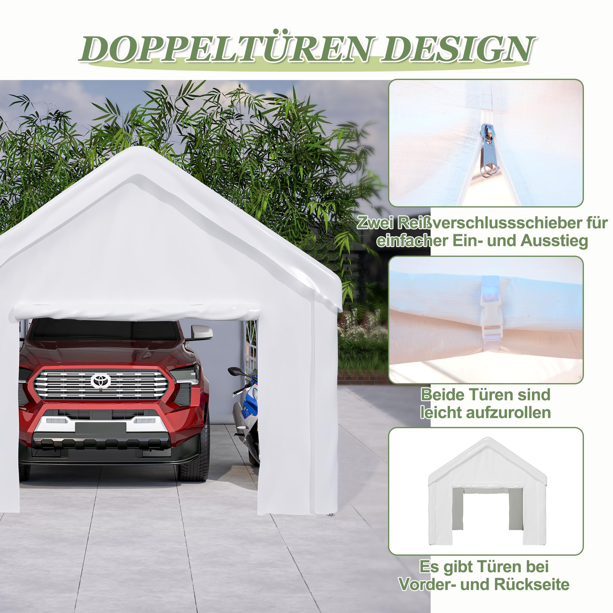 Carport Garaje tienda de campaña de 3 × 6 m, resistente al agua, con ventanas enrollables, paredes laterales desmontables y techo, cobertizo para coches, motos, camiones, barcos y dispositivos (blanco