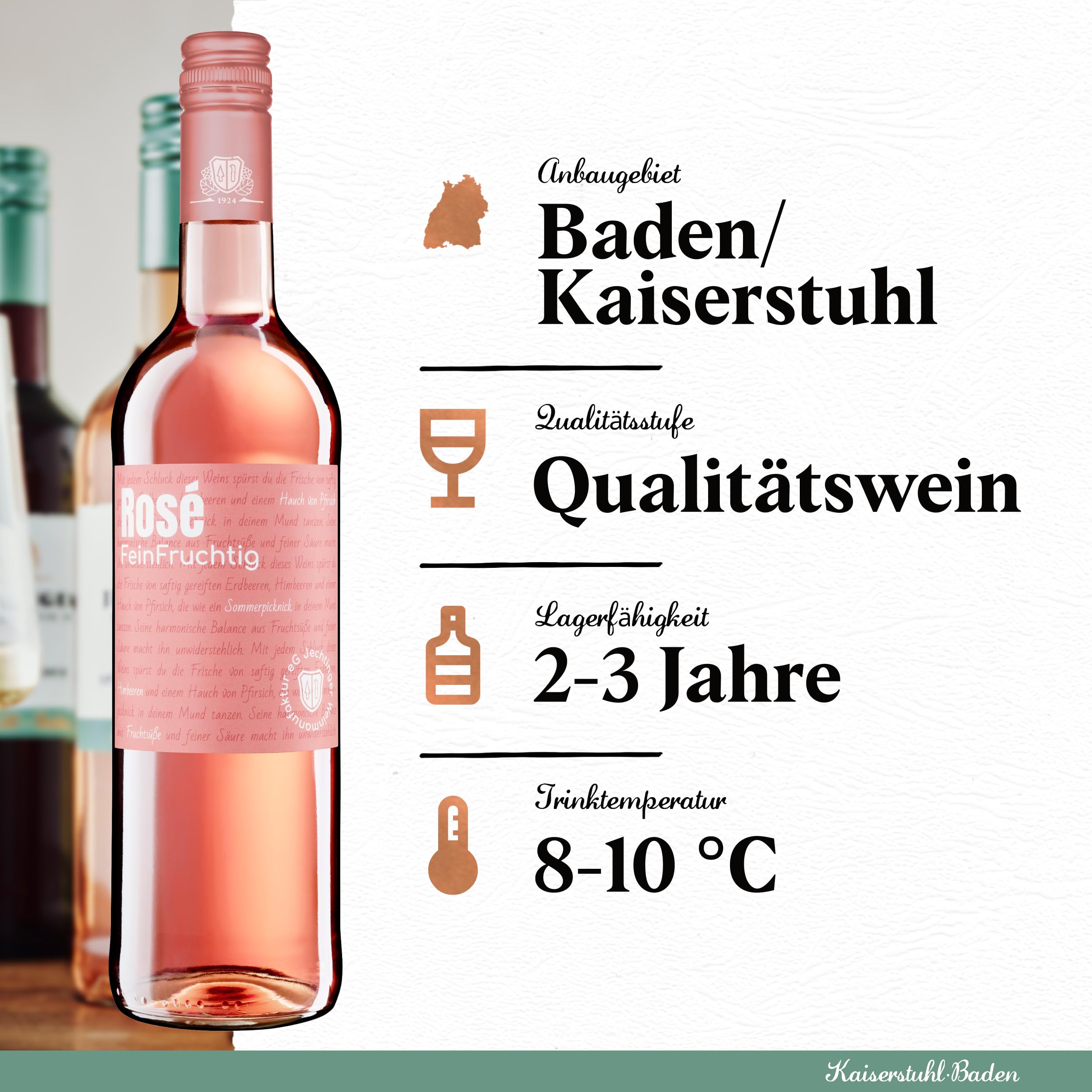 Jechtinger Rosé FeinFruchtig - Spätburgunder Roséwein fruchtig mit Erdbeer-, Himbeer- & Pfirsichnoten, erfrischend & harmonisch, Badischer Wein vom Kaiserstuhl (6 x 0,75l)