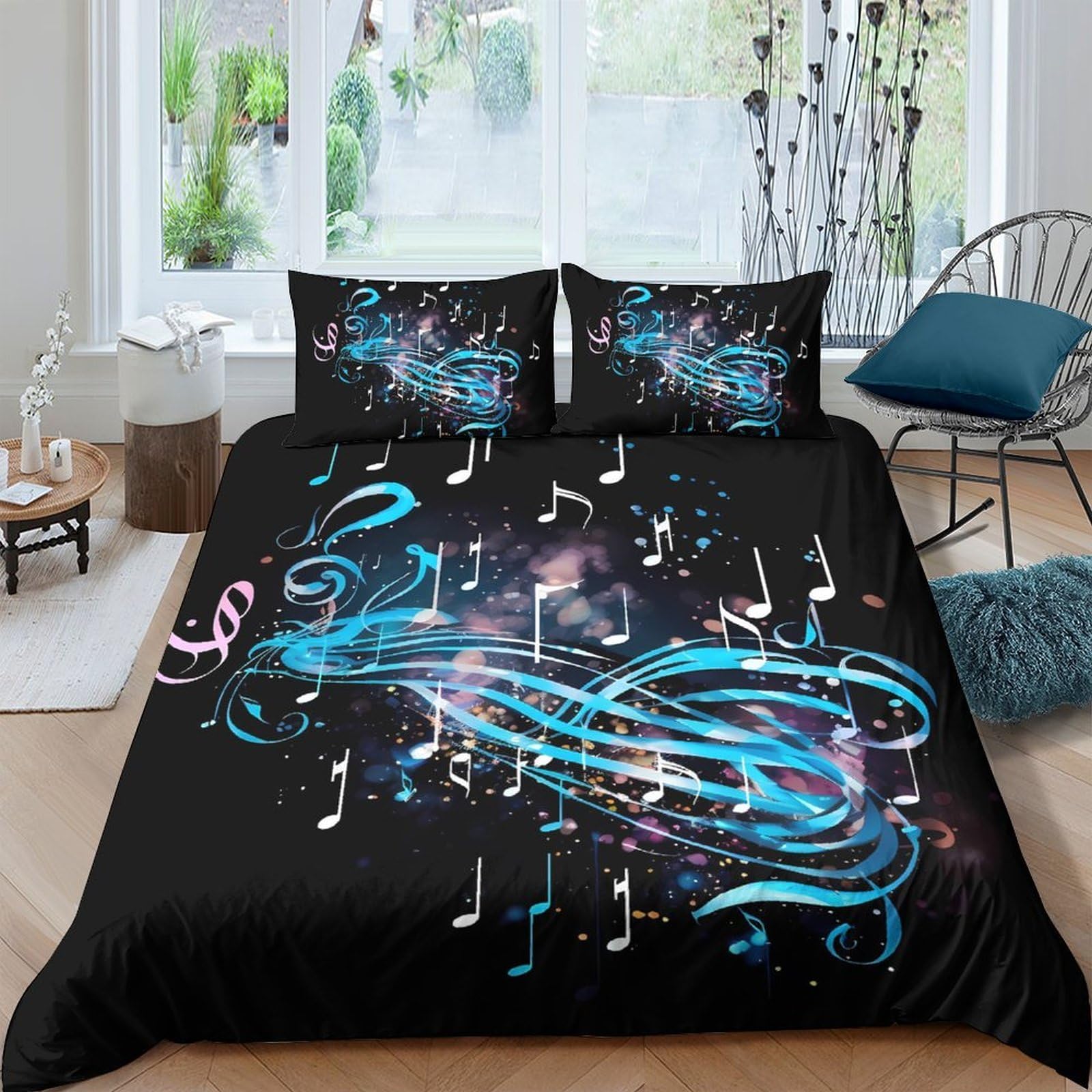 Ctjqhvkz Style-4 3D Printed Electric Blue Guitar Fitted Sheet Microfiber Soft Music Note Bed Cover For Bedroom Dorm Mattress Decor Single（135X200cm）