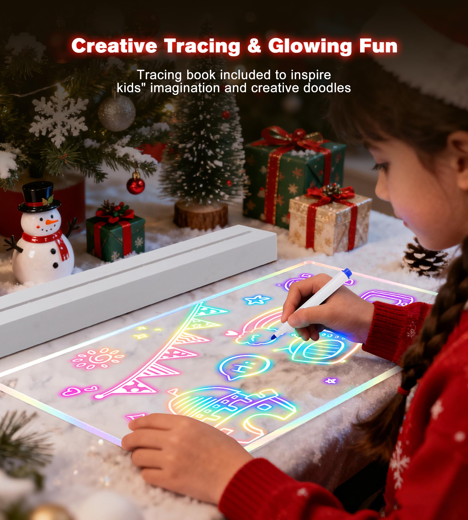Planche à Dessiner LED Lumineuse Pour Enfants, Tableau Lumineux LED Rechargeable néon Acrylique 7 Stylos de Couleurs,Idéal Comme Décoration de Chambre et Comme Cadeau D'anniversaire/de Noël (35x35 cm)