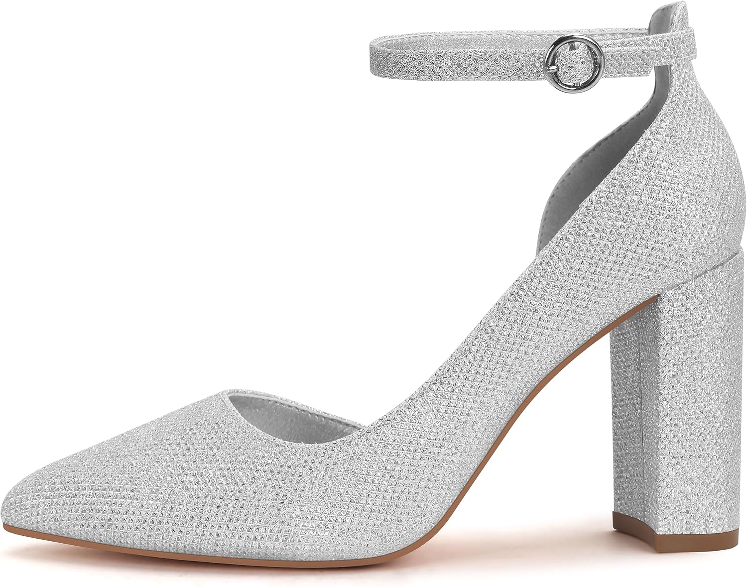 Silver Glitter Faux Leather High Heel Ankle Strap Pumps