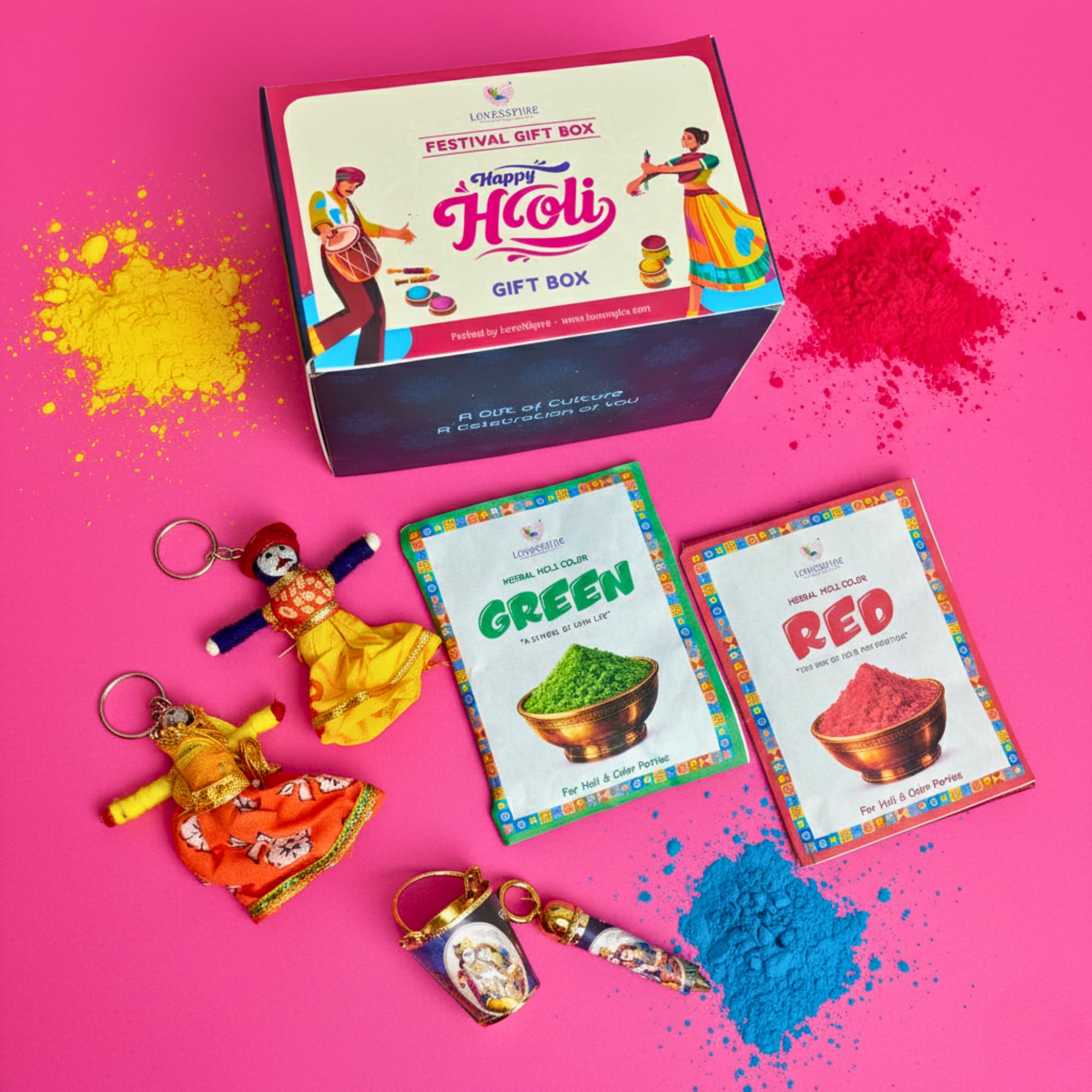 LoveNspire Handmade Holi Festival Gift Box - 2 Skin-Friendly Gulal Colors, Miniature Radha Krishna Bucket Pichkari and 2 Ethnic Keychains, Holi Celebration Kit & Party Giveaways