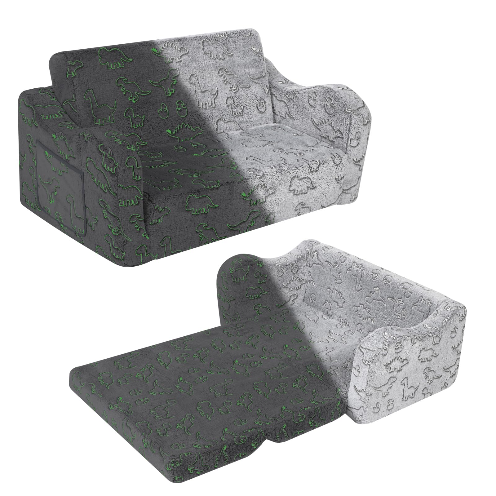 Kids Extra Wide Glow in The Dark Chairs for Toddler, 2-in-1 Toddler Soft Sherpa Couch Fold Out, Convertible Sofa to Lounger for Girls and Boys, Grey