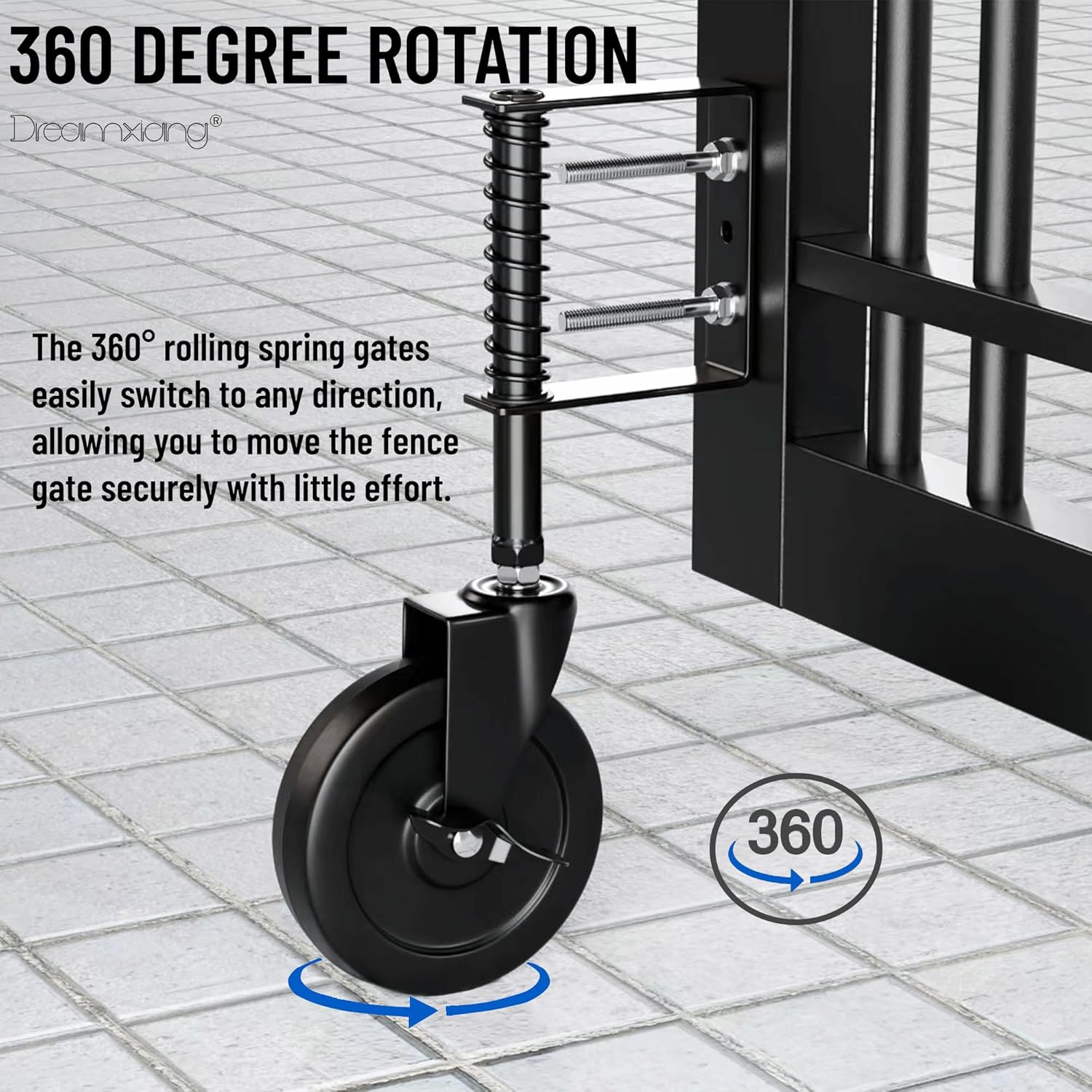 5" Spring Loaded Gate Caster with Side Brake, Heavy Duty Rubber Gate Wheel for Wooden Fence Gate with 360° Rotation, Farm Gate Support Helper for Wooden Metal Swing Gate, 330 Lbs Capacity, Black,2Pack
