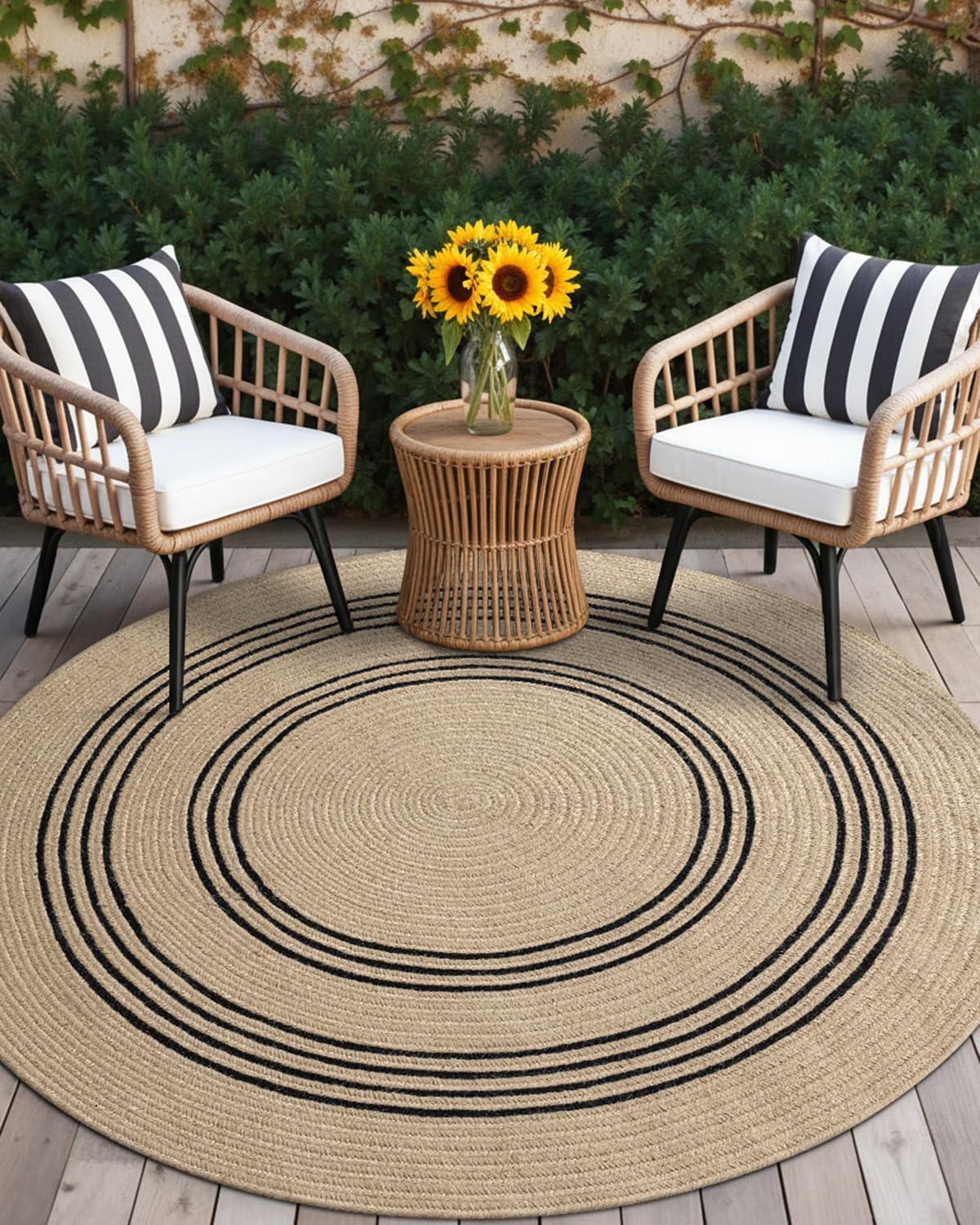 DEXI Round Jute Rug Natural Fiber 5x5, Braided Woven Area Rugs No Shed, Soft Neutral Rustic Carpet Mat for Indoor Outdoor Patio Dining Living Room Bedroom Farmhouse, 5ft, Beige/Black 5' x 5' (Round) Beige/Black