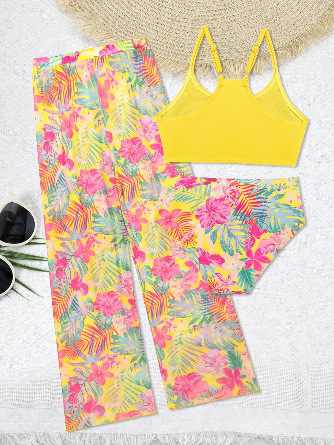 SHEKINI Girls 3 Piece Printed Swimsuit High Waist Bikini Set with Cover Up Pants