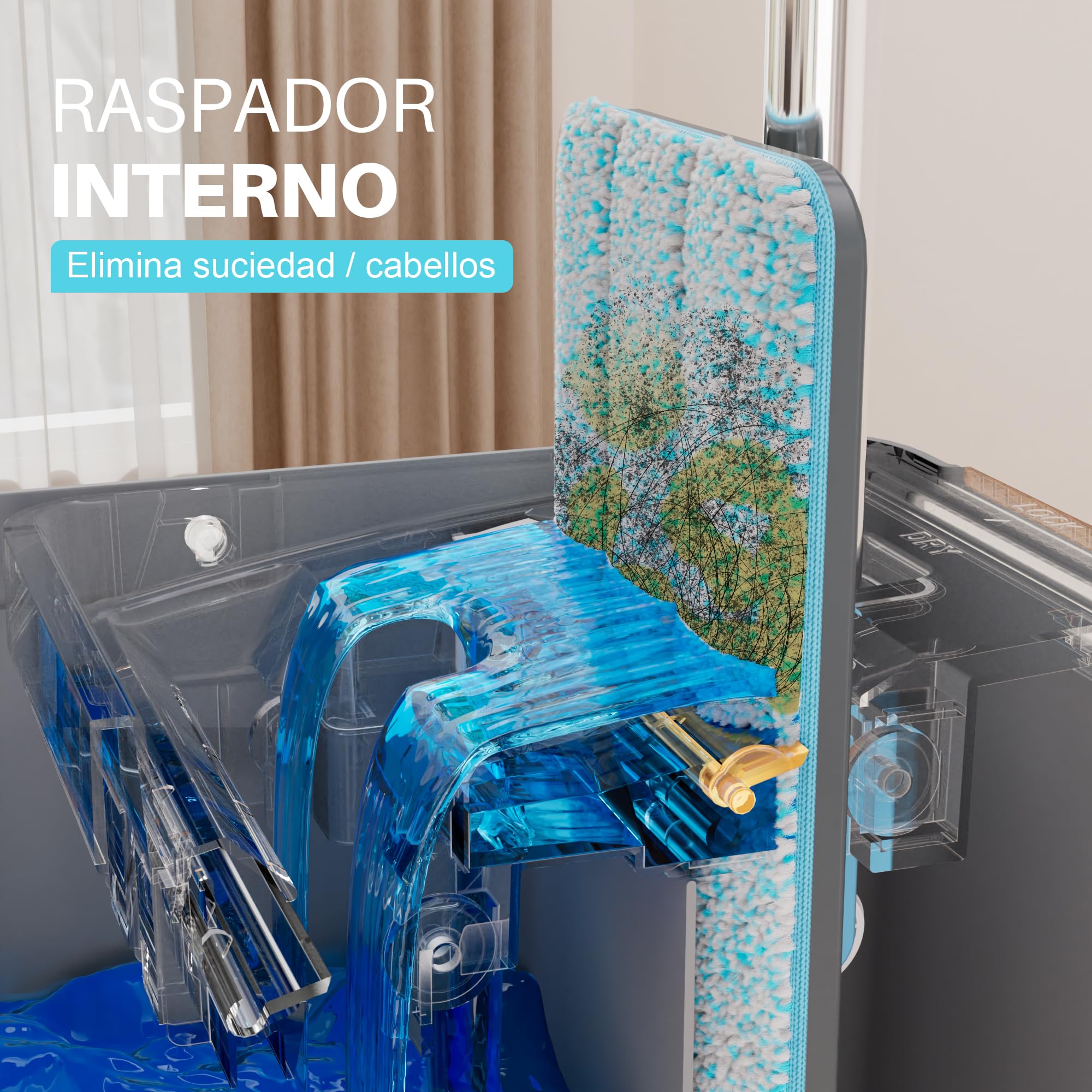 JOYMOOP Juego de fregona y Cubo con escurridor, fregonas para Limpieza de Suelos, Limpiador de fregona de Pared con Mango Largo, con 6 Almohadillas de Microfibra Reutilizables, Gris y Azul Cian