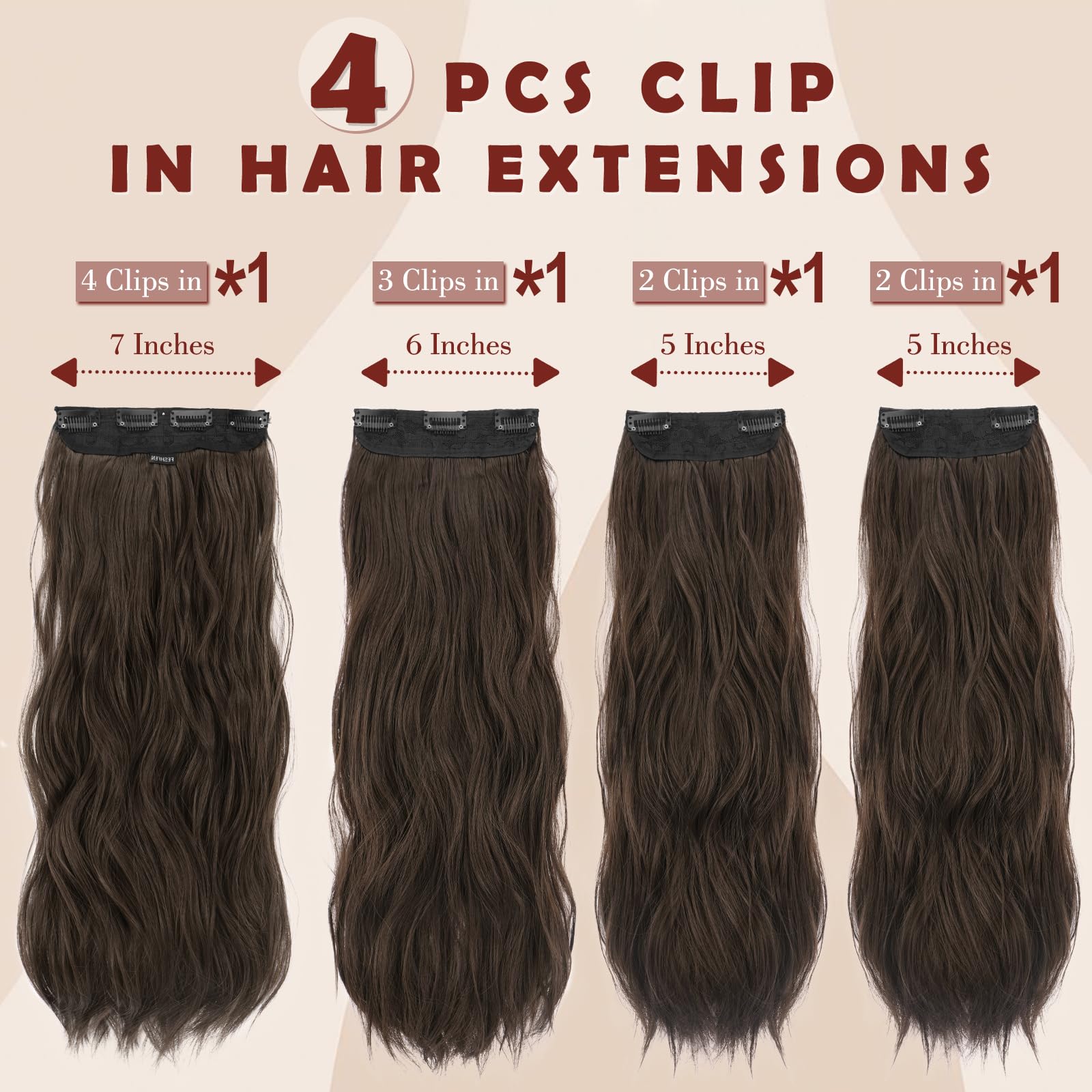 FESHFEN Clip in Hair Extensions for Women, 4 Pcs Thick Double Weft Long Wavy Soft Synthetic Blends Well Hair Extension - Image 2