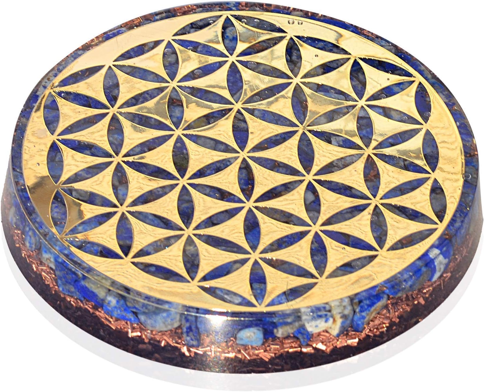 Orgonite Crystal Water Charging Plate with Lapis Lazuli Healing Crystals and Flower of Life โChakra Healing Orgone Water Plate for Spiritual Protection and Cleansing (90mm)