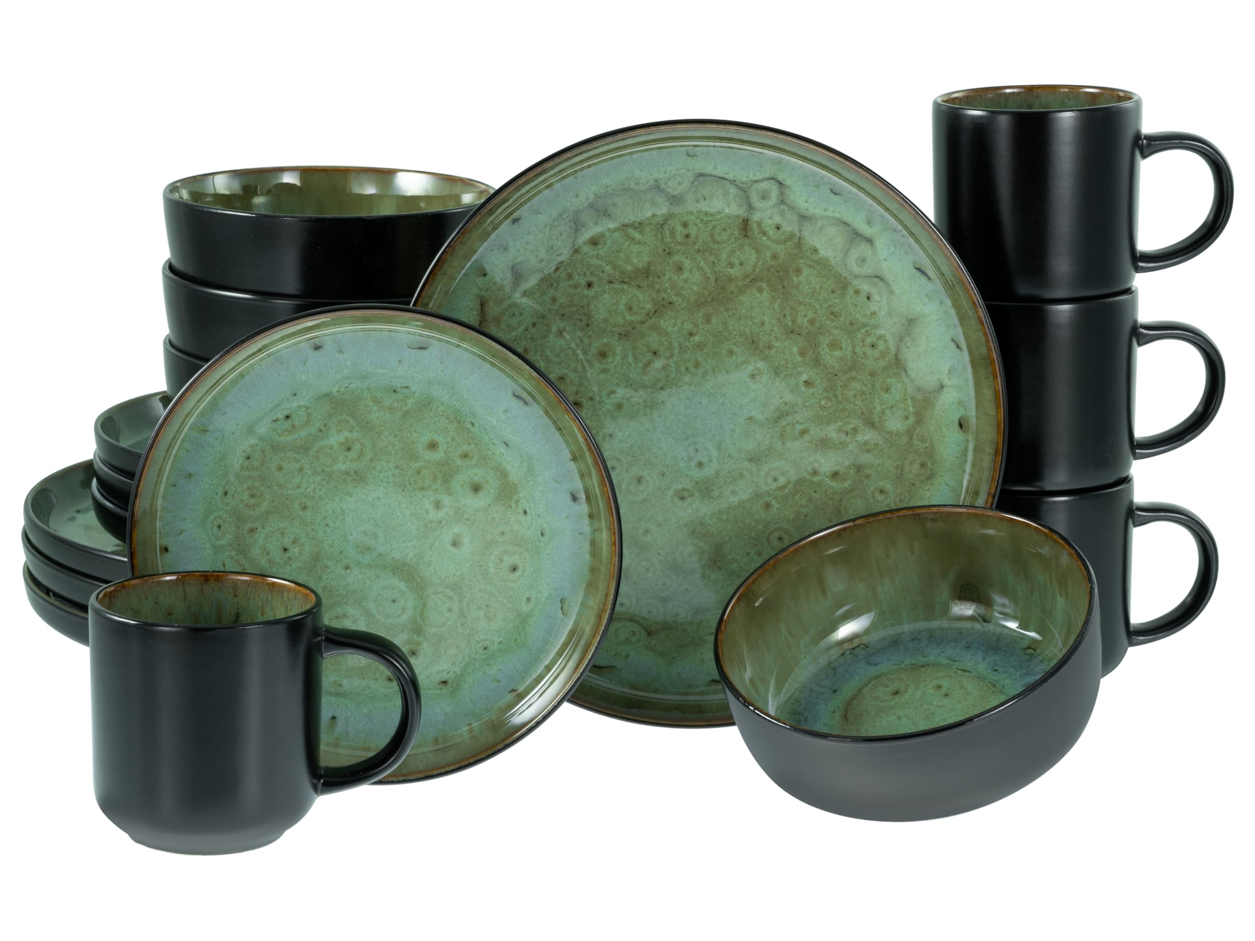 CreaTable, 20166, Serie Nordic Fjord Green, 16-teiliges Geschirrset für 4 Personen, Kombiservice aus Steinzeug, spülmaschinen- und mikrowellengeeignet, Qualitätsproduktion