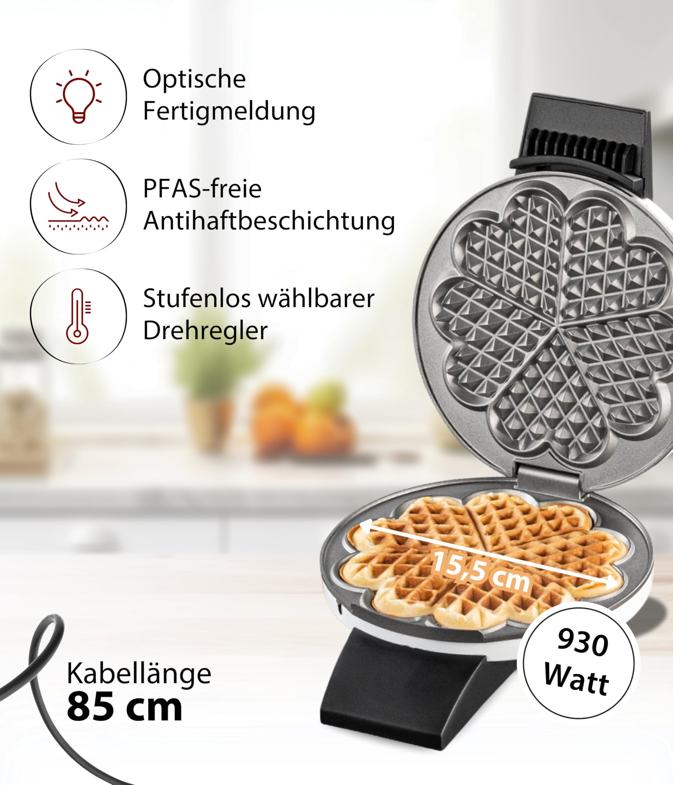 Cloer 1621 Waffeleisen 930 W 15,5 cm Herzwaffeln weiß Metall