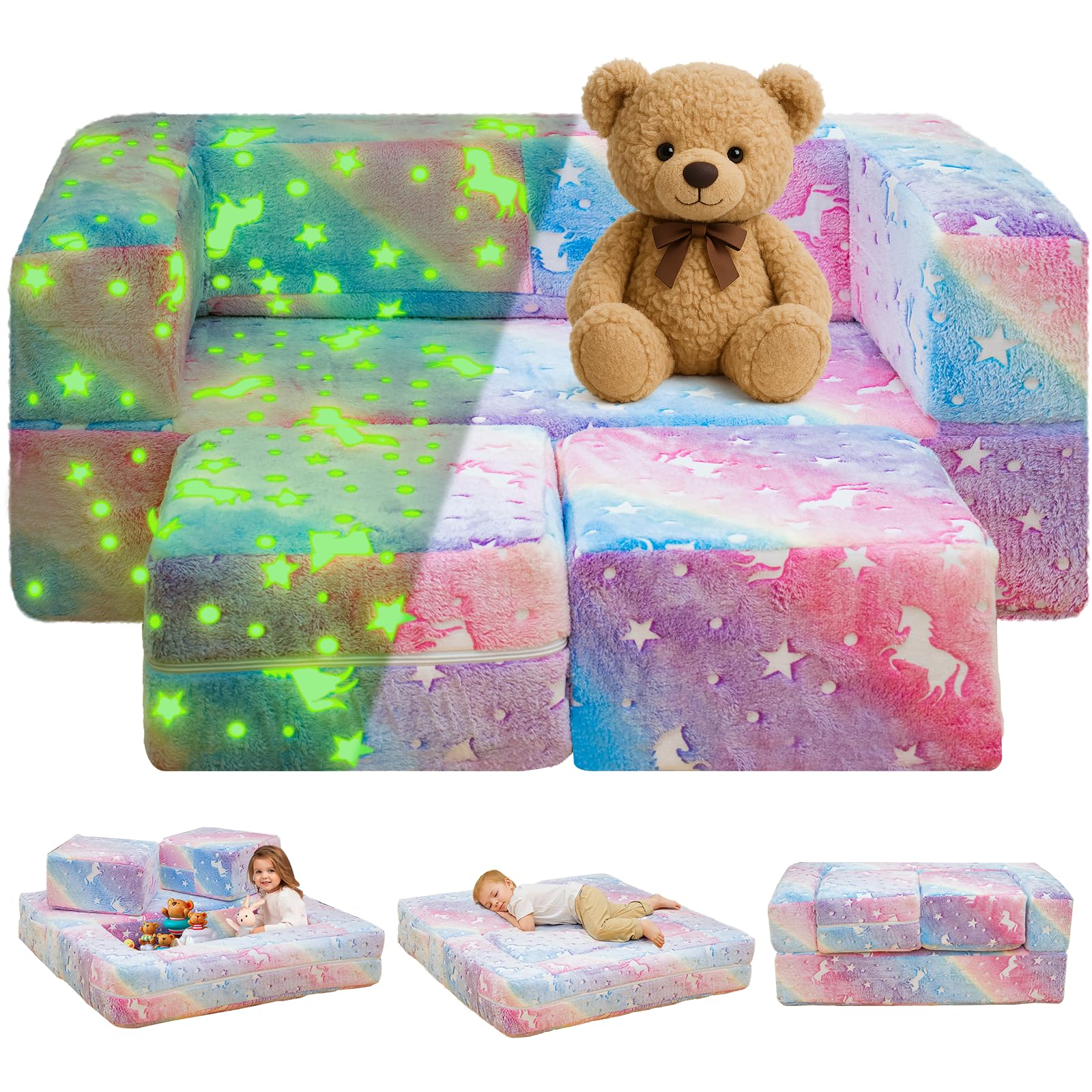 Lamerge Toddler Couch Glow in The Dark Toddler Fold Out Couch for playroom, Convertible Baby Fold Out Play Foam and Floor Cushion for Bedroom (Rainbow
