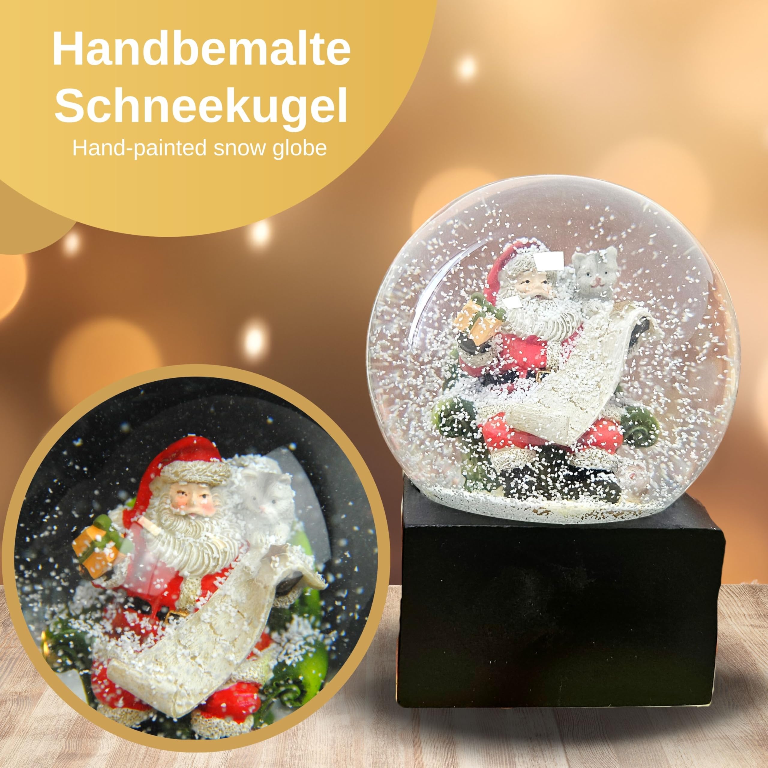 Bola de nieve de Navidad | Papá Noel con lista de regalos | sobre base negra | altura: 120 mm ancho: 100 mm | | espíritu navideño en la bola de agitación | 20225