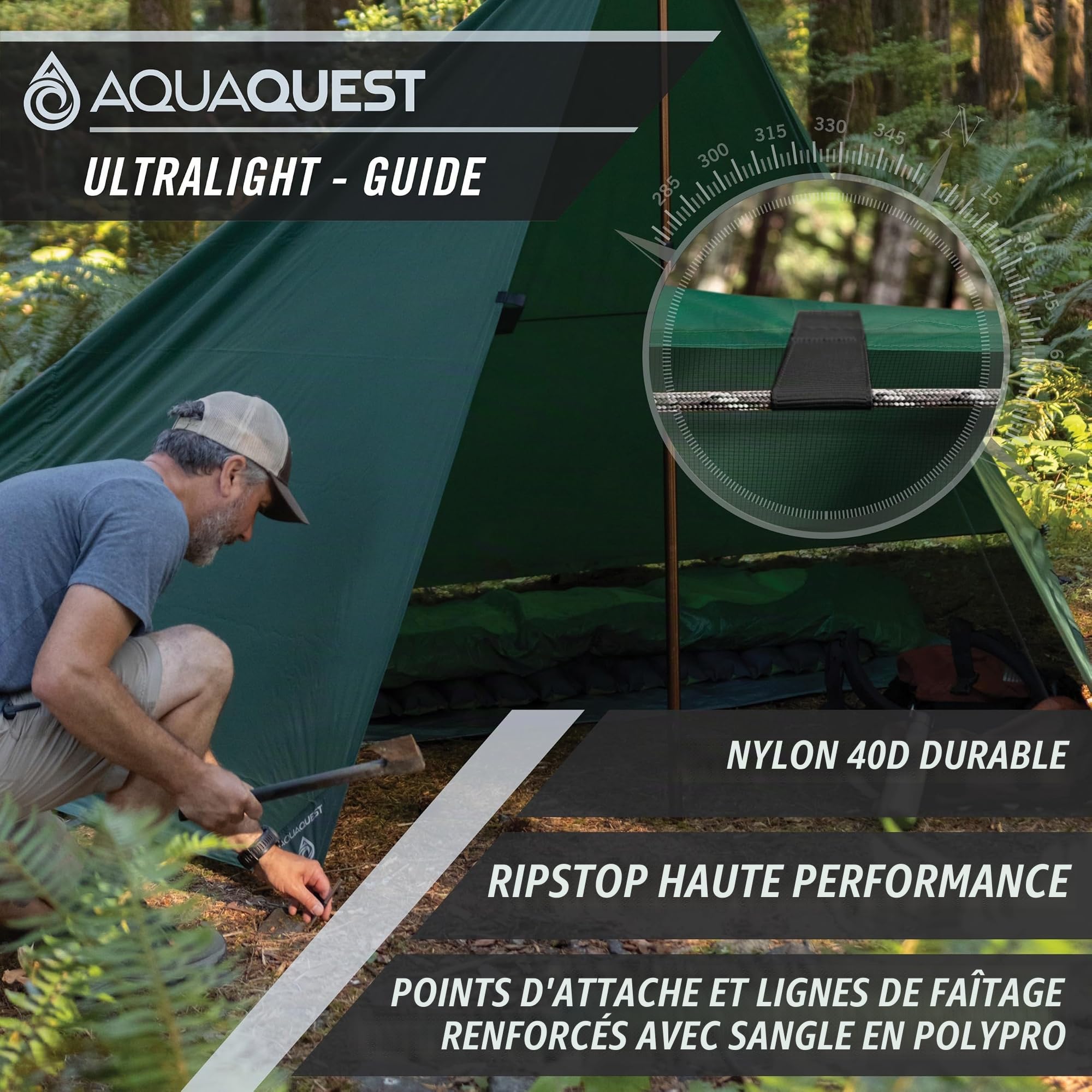 Aqua Quest Guide Bâche Carrée 3 x 3 m Verte - Abri de Randonnée Ultra-léger et Imperméable en Ripstop Sil Nylon pour Camping Tente - Parfait pour Le Hamac