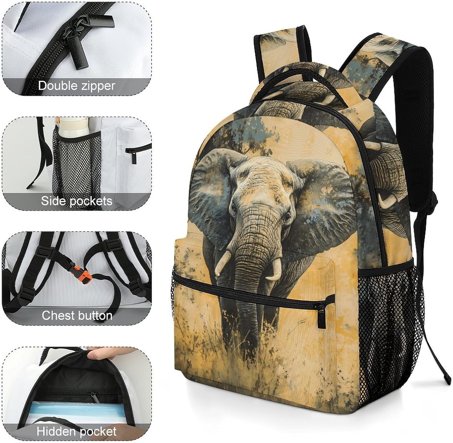 Elephants Ink Vintage Unisex Backpack Casual Daypacks Lightweight Shoulders Bag for Camping Hiking Travel