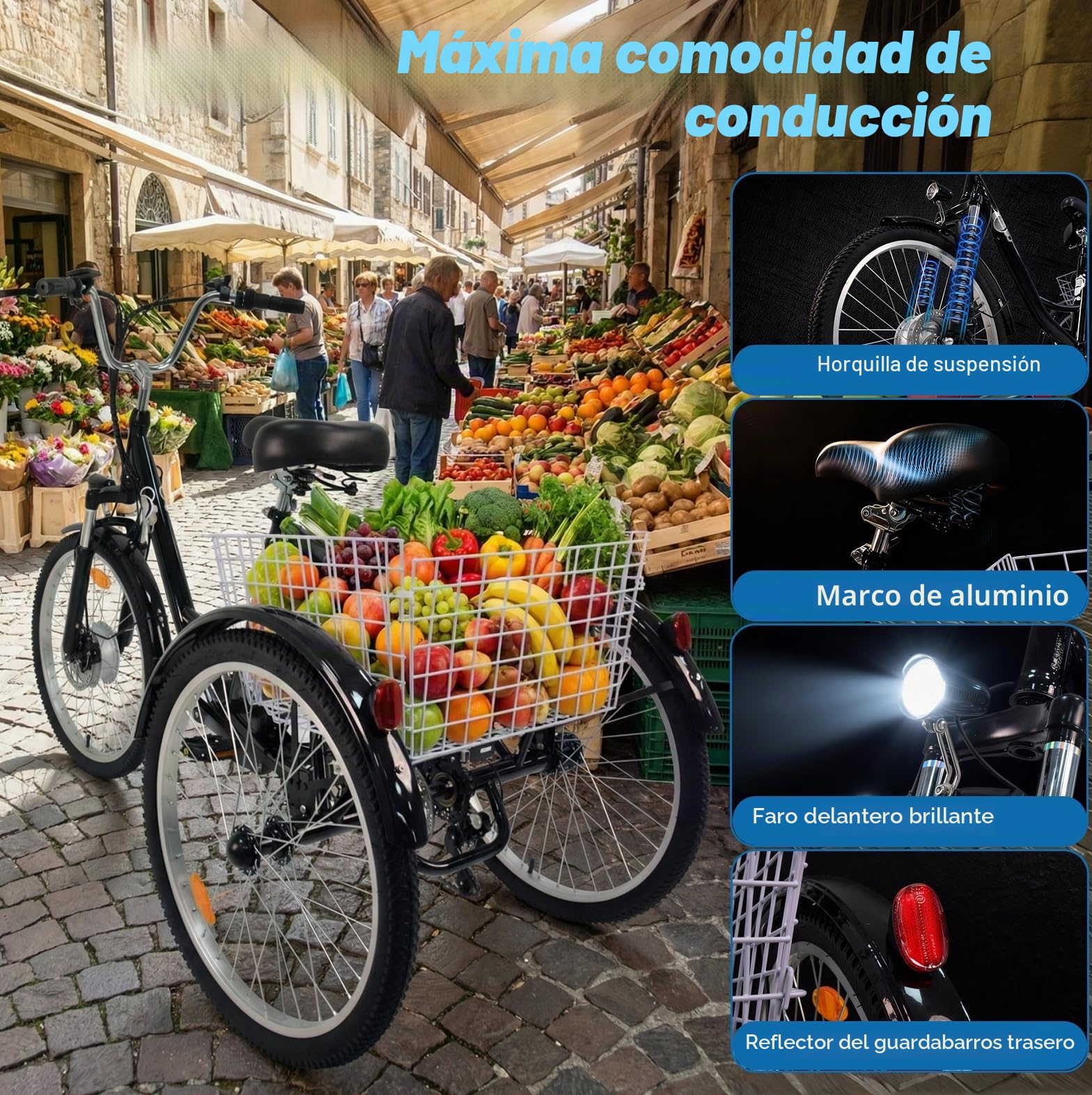 Triciclo eléctrico para adultos M300 Batería extraíble de 36 V 15 Ah Neumáticos antideslizantes y resistentes al desgaste de 24 x 2,125 pulgadas Triciclo de camping Triciclo de transporte para