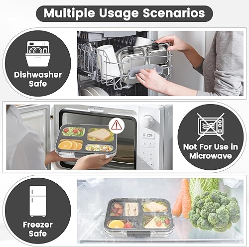 Miniatura 6 de Caja Bento de acero inoxidable para niños y adultos con recipiente de silicona, a prueba de fugas, 4 compartimentos, lonchera de metal, sello de