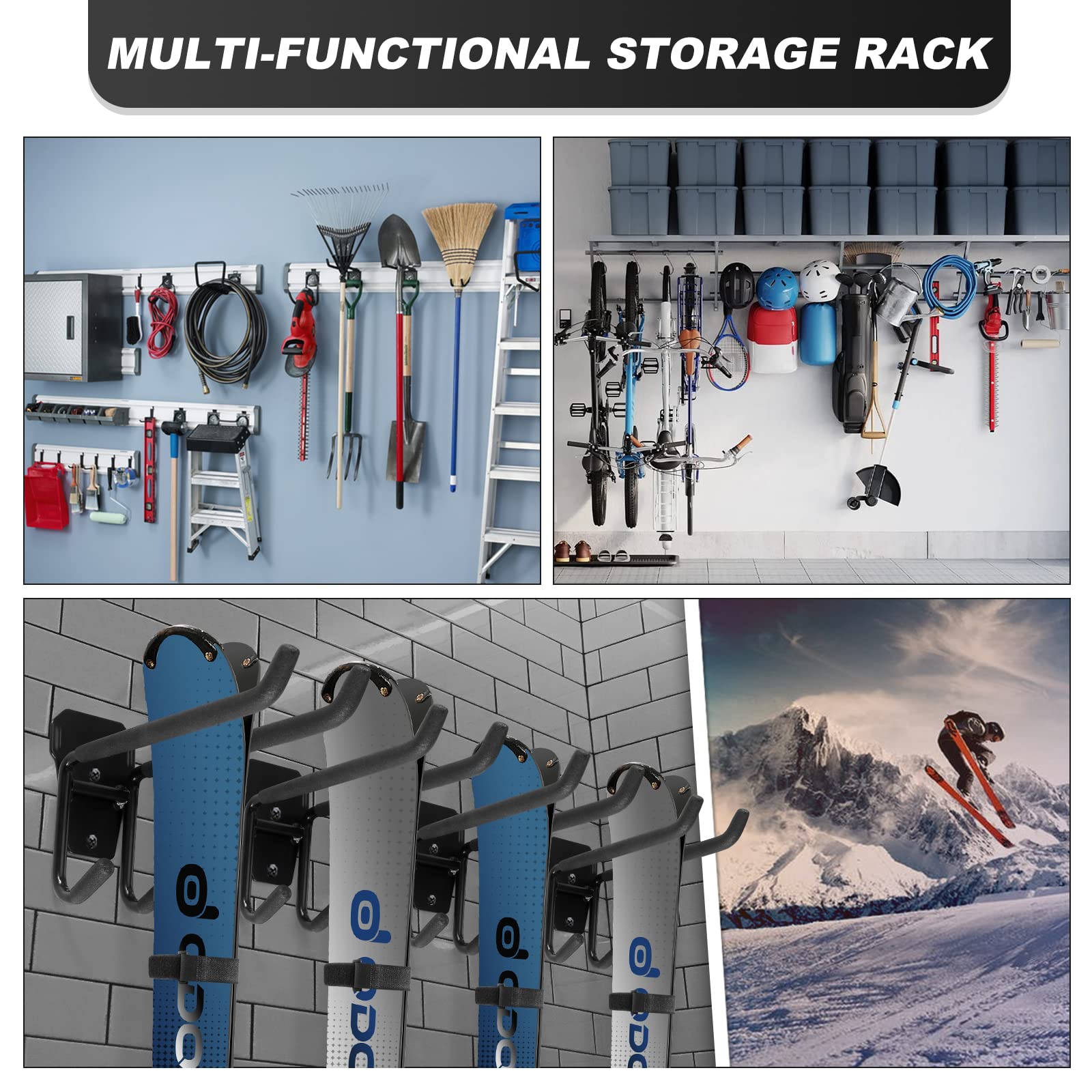 Odoland Kit de Support Rangement pour Skis Peut Contenir 4/2 Paires Snowboards, 4/2 Supports de Stockage Mural avec 8/4 Sangles en Velcro, Support Mural Skis pour Maison et Garage