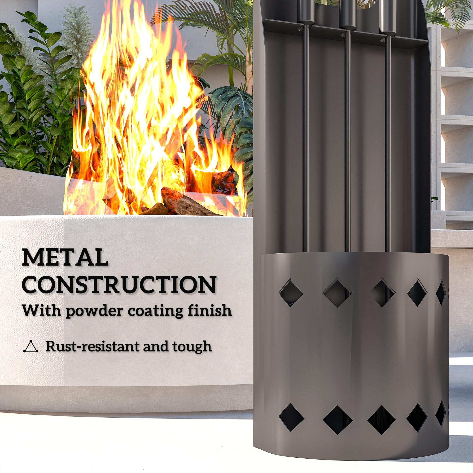 Outsunny Juego de 4 accesorios de chimenea de metal, juego de accesorios para chimenea con escoba, pala, póquer, cubo, color negro
