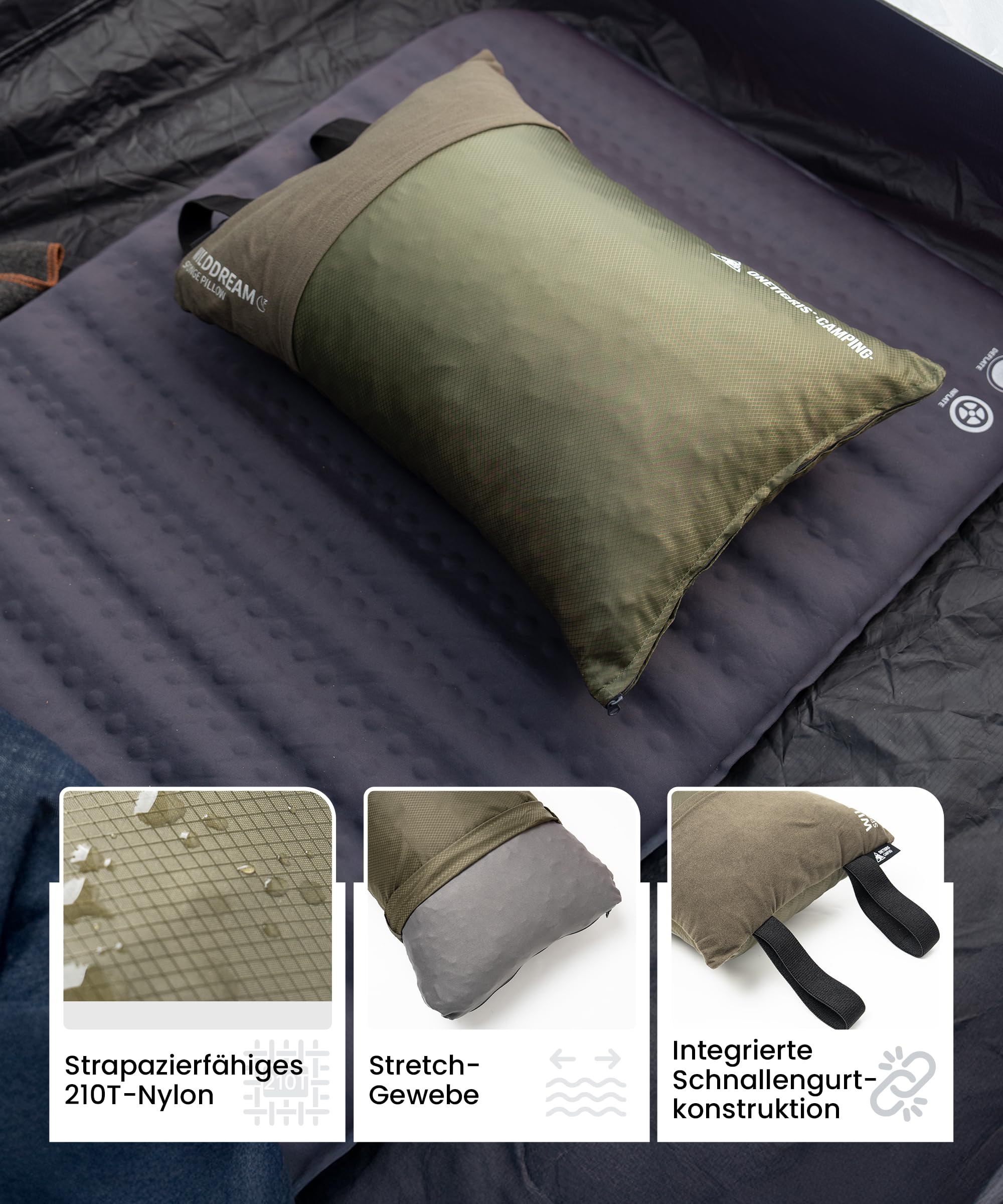 OneTigris WILDDREAM Cuscino per esterni, cuscino da viaggio in memory foam, 48 x 34 x 14 cm | verde, cuscino da campeggio, cuscino in memory foam triturato, comprimibile, per viaggi con zaino, auto e attività all'aperto